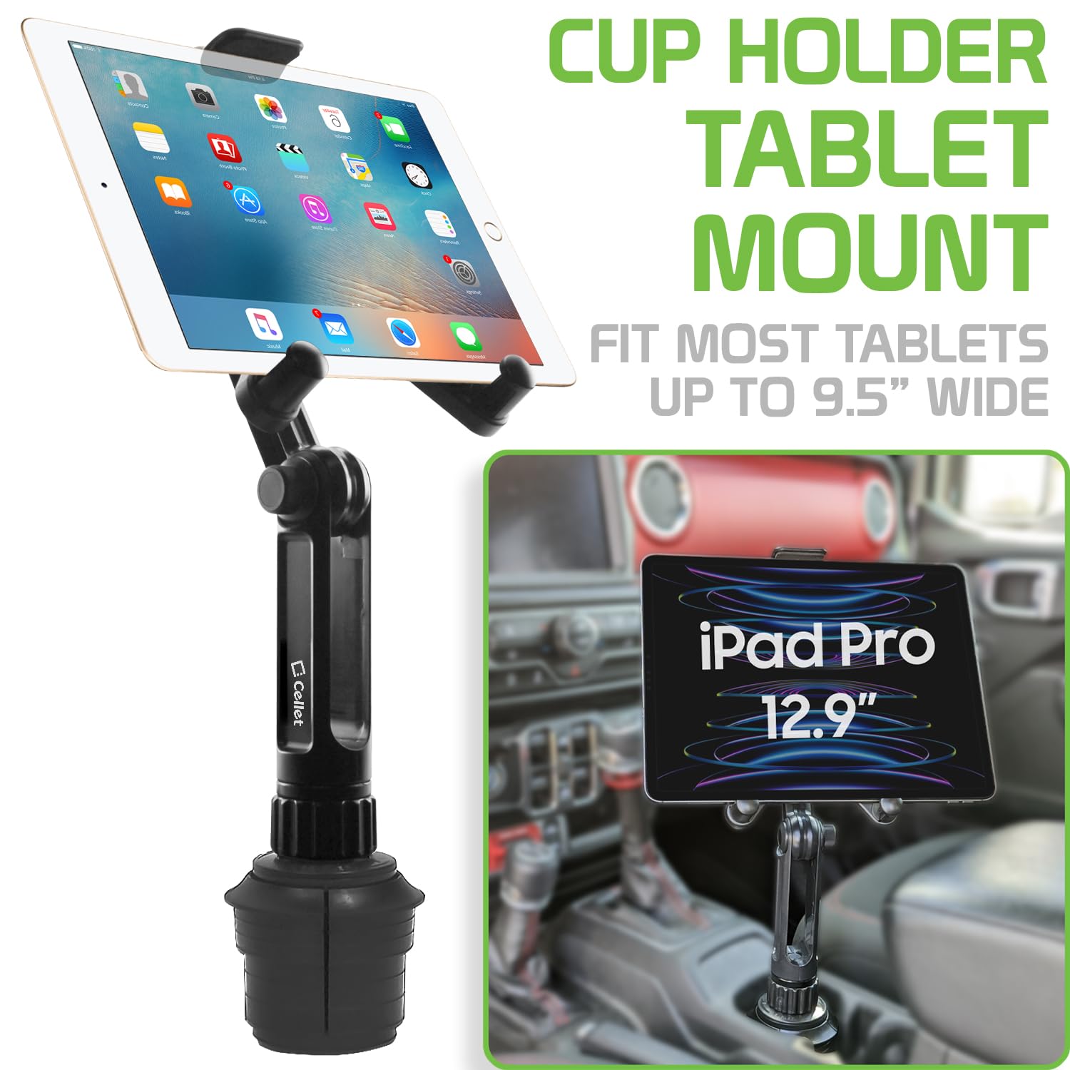 Universal Car Tablet Mount with Cup Holder Base - Compatible with Apple iPad, iPad Pro, Air, Mini | Samsung Galaxy | Google Pixel | Amazon Kindle Fire & Smartphones - Perfect for Road Trips, Uber/Lyft Drivers & Backseat Entertainment