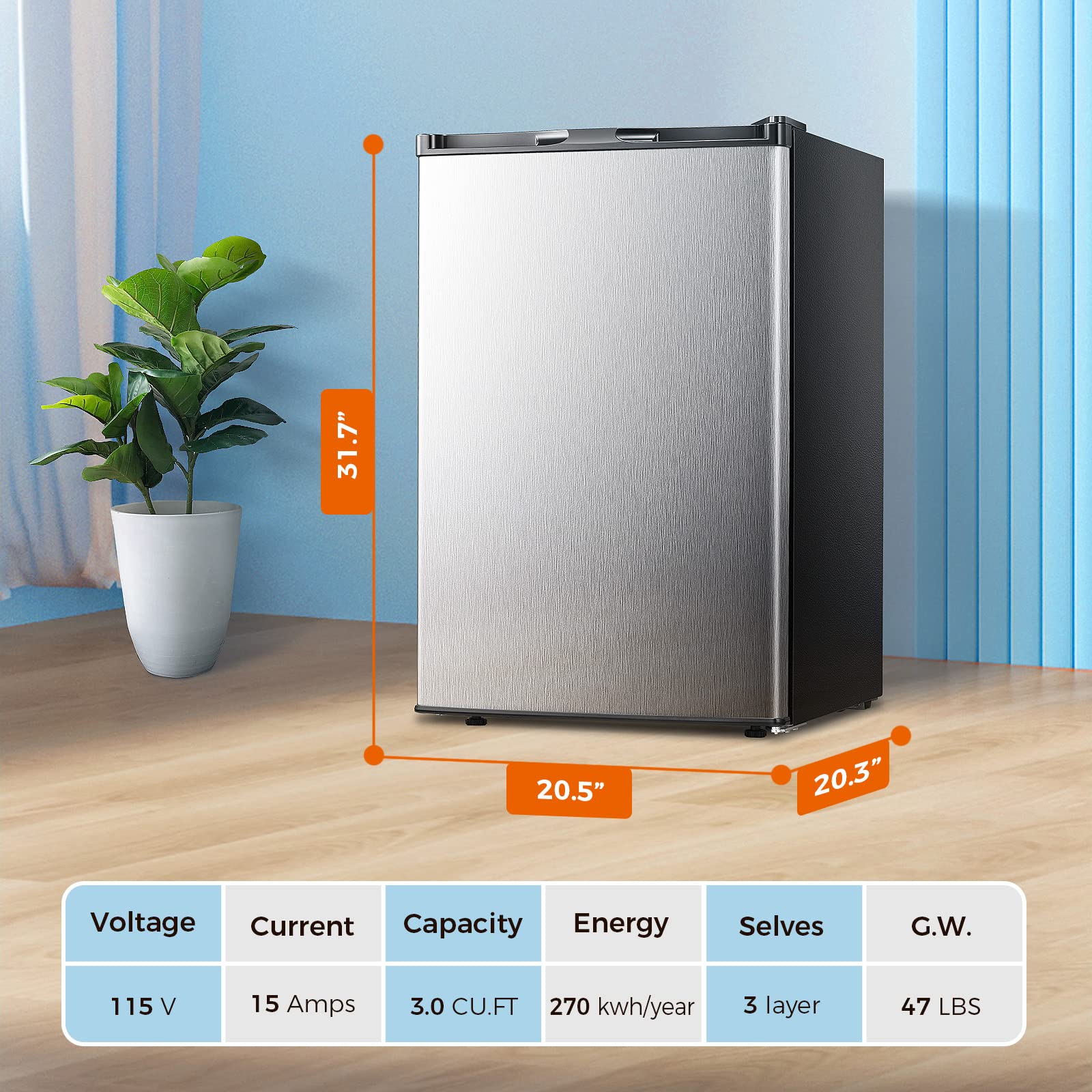 Kismile 3.0 Cu.ft Upright Mini Freezer - Adjustable Thermostat, Removable Shelves, Reversible Door - Compact Stand Up Freezer for Home, Dorm, Apartment, Bedroom (Stainless Steel) | Perfect for Storing Frozen Foods, Ice Cream, Meal Prep & Beverages