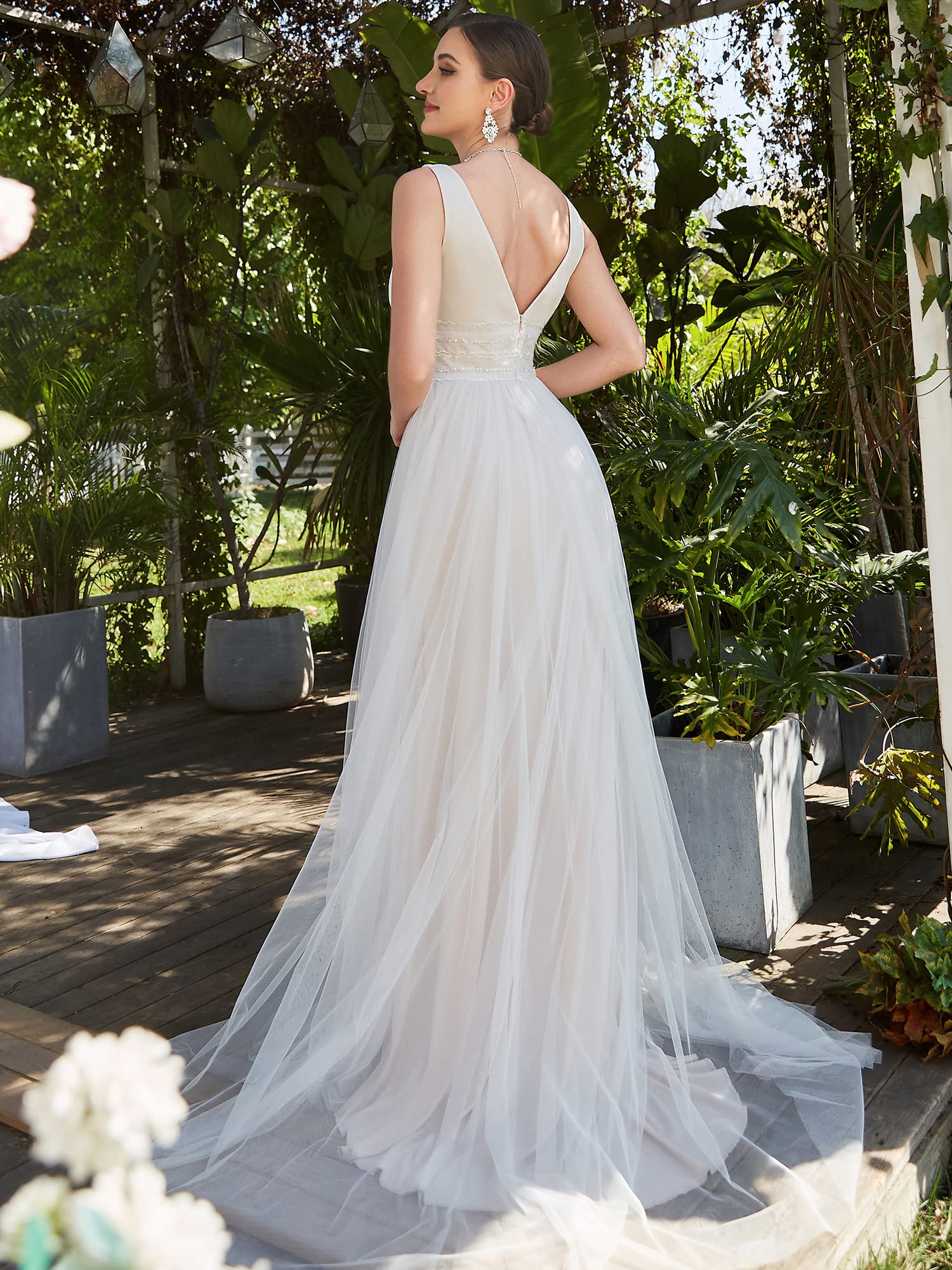 Ever-Pretty Elegant V-Neck Sleeveless Tulle Ruched A-Line Wedding Dress for Bride 0096A - Perfect for Beach Weddings, Garden Ceremonies & Casual Bridal Events
