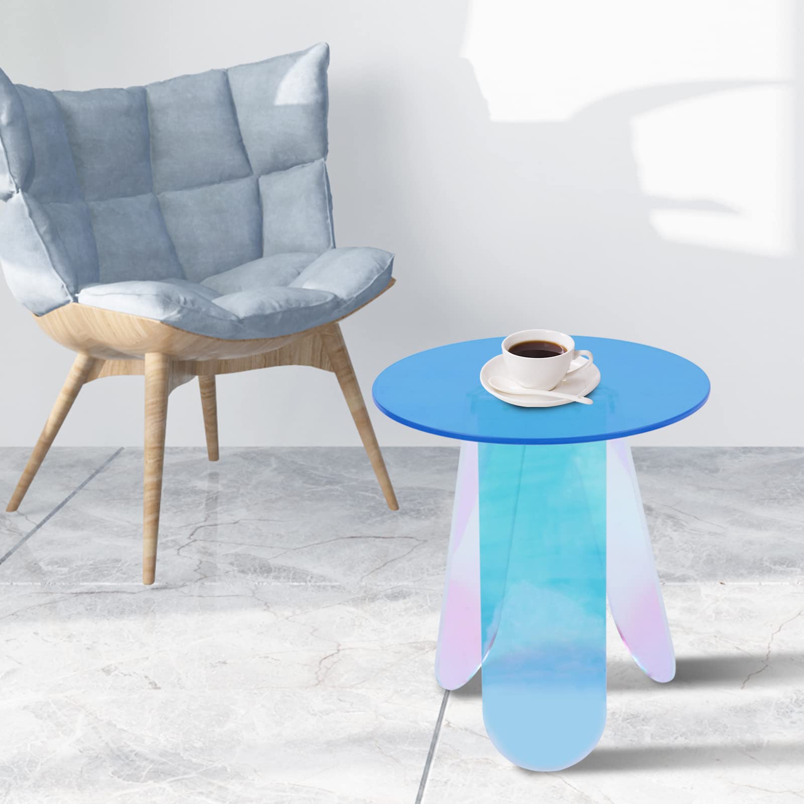 Iridescent Acrylic Coffee Table - Modern Round Side Table for Living Room & Bedroom Decor - Clear Glass Accent Table for Home & Office Use