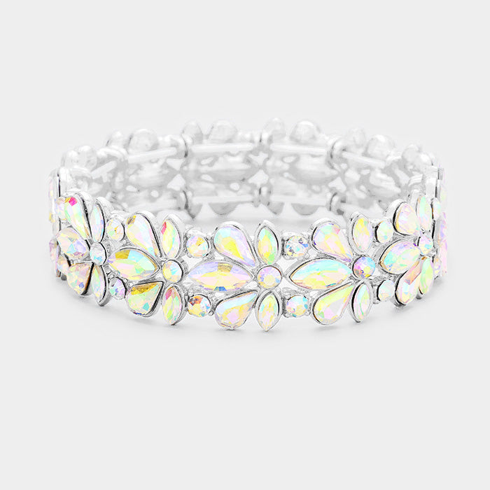 AB Crystal Flower Stretch Pageant Bracelet for Women - Elegant Prom Jewelry, Wedding Accessories & Formal Events (Style #399155) | Perfect for Pageants, Proms, Dances & Special Occasions