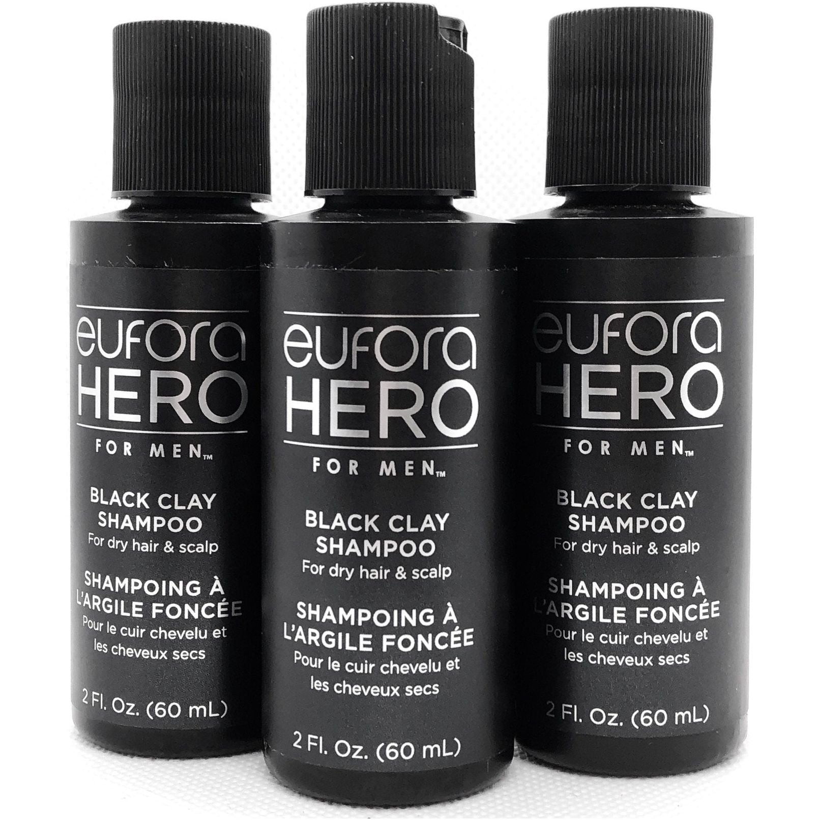 EUFORA Hero For Men Black Clay Shampoo - Moisturizing & Scalp Care for Dry Hair - 2 oz (Pack of 3) - Ideal for Daily Use & Men's Grooming Routine