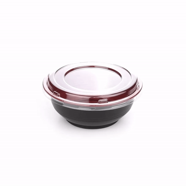24oz Round Black & Red Plastic Panda Bowl with Clear Lid - Microwave Safe Asian Style Soup/Noodle Bowl (6.5