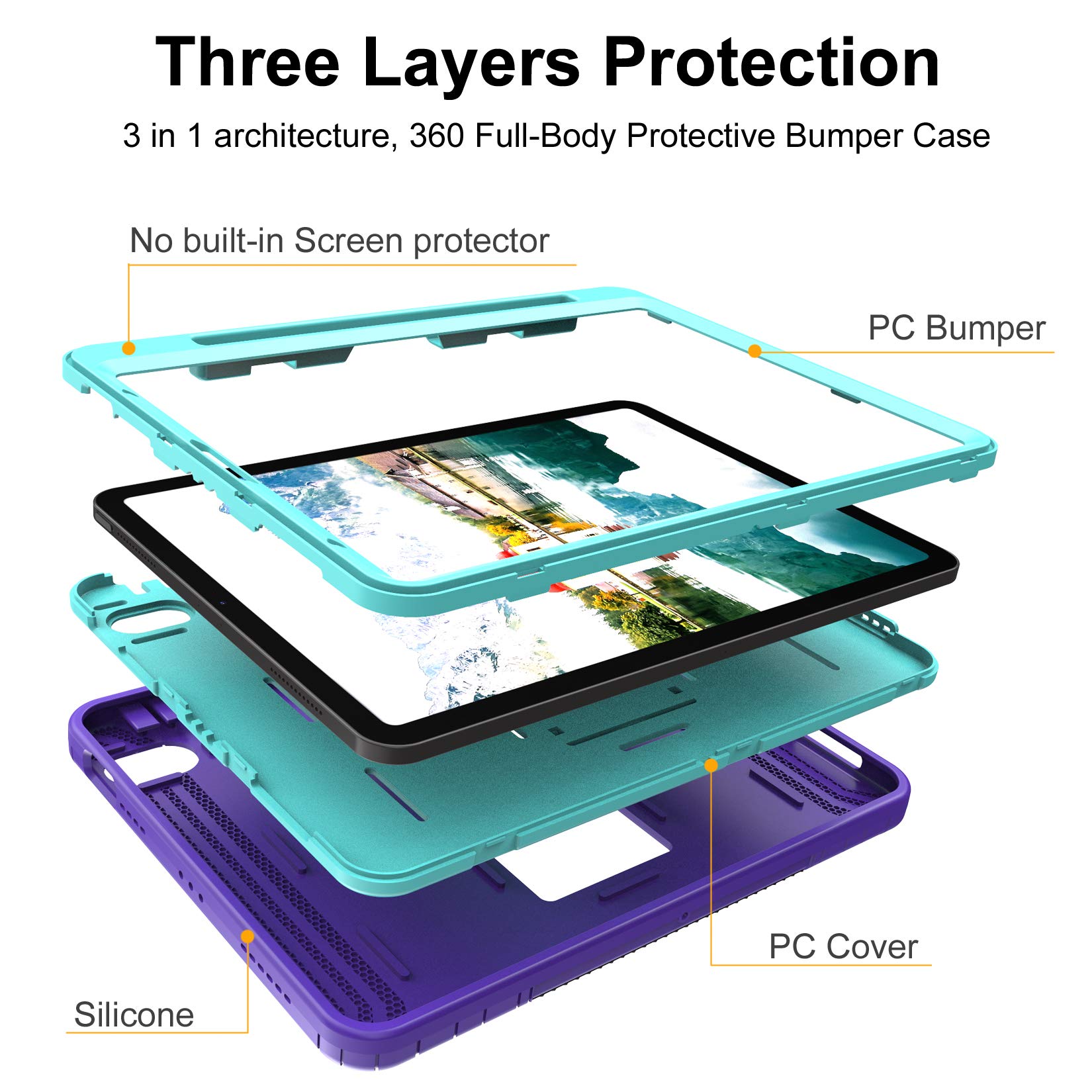 Premium Shockproof iPad Air 4 Case 2020 & iPad 10.9 Case - 3-Layer Protective Cover with 2nd Gen Apple Pencil Holder & Wireless Charging Support | Durable Purple/Cyan Case for iPad Air 4th Generation | Perfect for Work, Travel & School Use