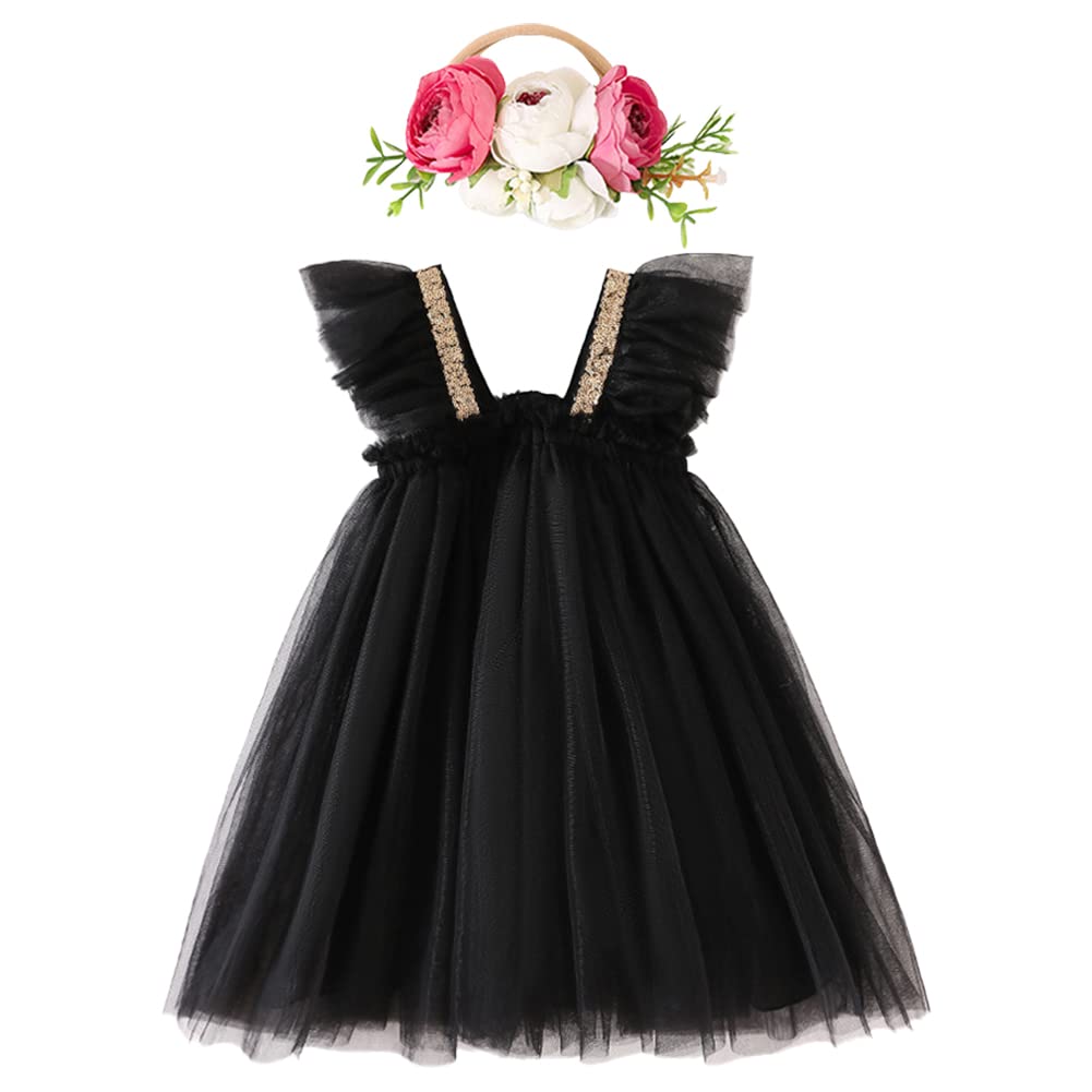 OBEEII Baby Girls Toddler Sleeveless Layered Tulle Tutu Dress - Princess Party Outfit with Flower Headband for Birthday, Photo Shoot & Special Occasions