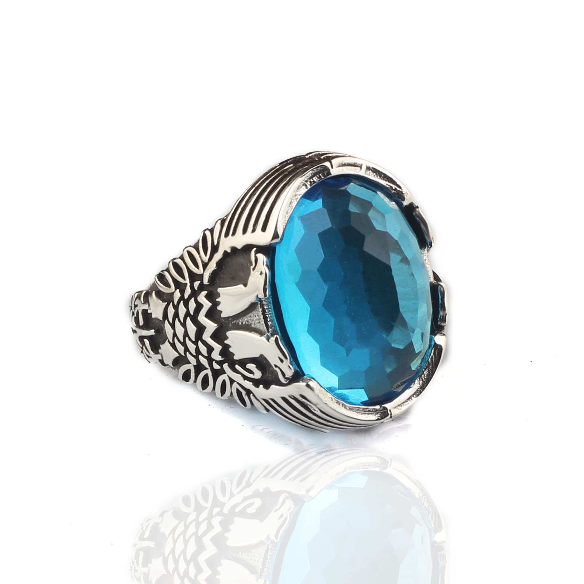 BayVog Handmade Sterling Silver Men's Ring with Genuine Blue Topaz Gemstone - Double Headed Eagle Design Statement Ring for Men - Perfect Gift for Boyfriend, Husband, Valentine's Day & Anniversary - Ideal for Weddings, Parties & Special Occasions