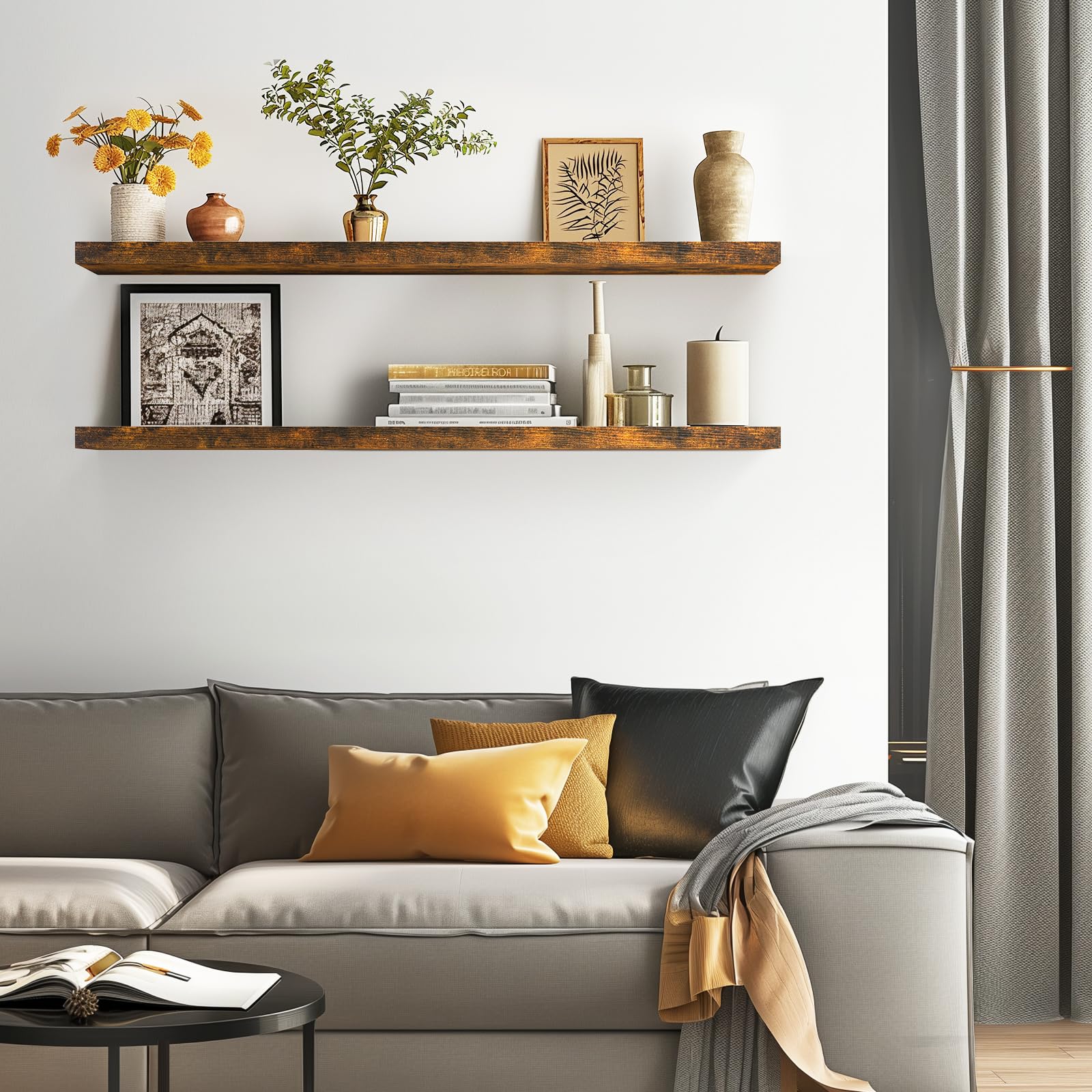BAYKA 48 Inch Floating Shelves Set of 2 - Rustic Brown Wall Mounted Wooden Shelves for Home Decor, Books & Storage - Perfect for Bathroom, Bedroom, Living Room, Kitchen & Office Organization