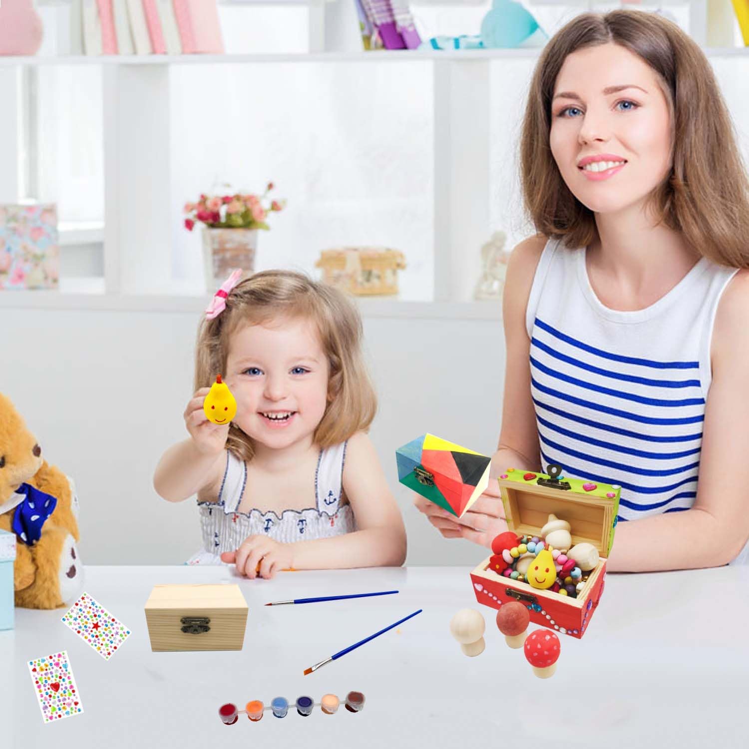 DEUXPER 2-in-1 Kids Art & Craft Toy Set - 4 Wooden Jewelry Boxes & 136 Charms Beads for DIY Bracelet Making, Painting & Creative Play | Perfect Easter Gift & Birthday Present for Girls Ages 6-10 | Great for Arts & Crafts, Party Favors & Creative Development