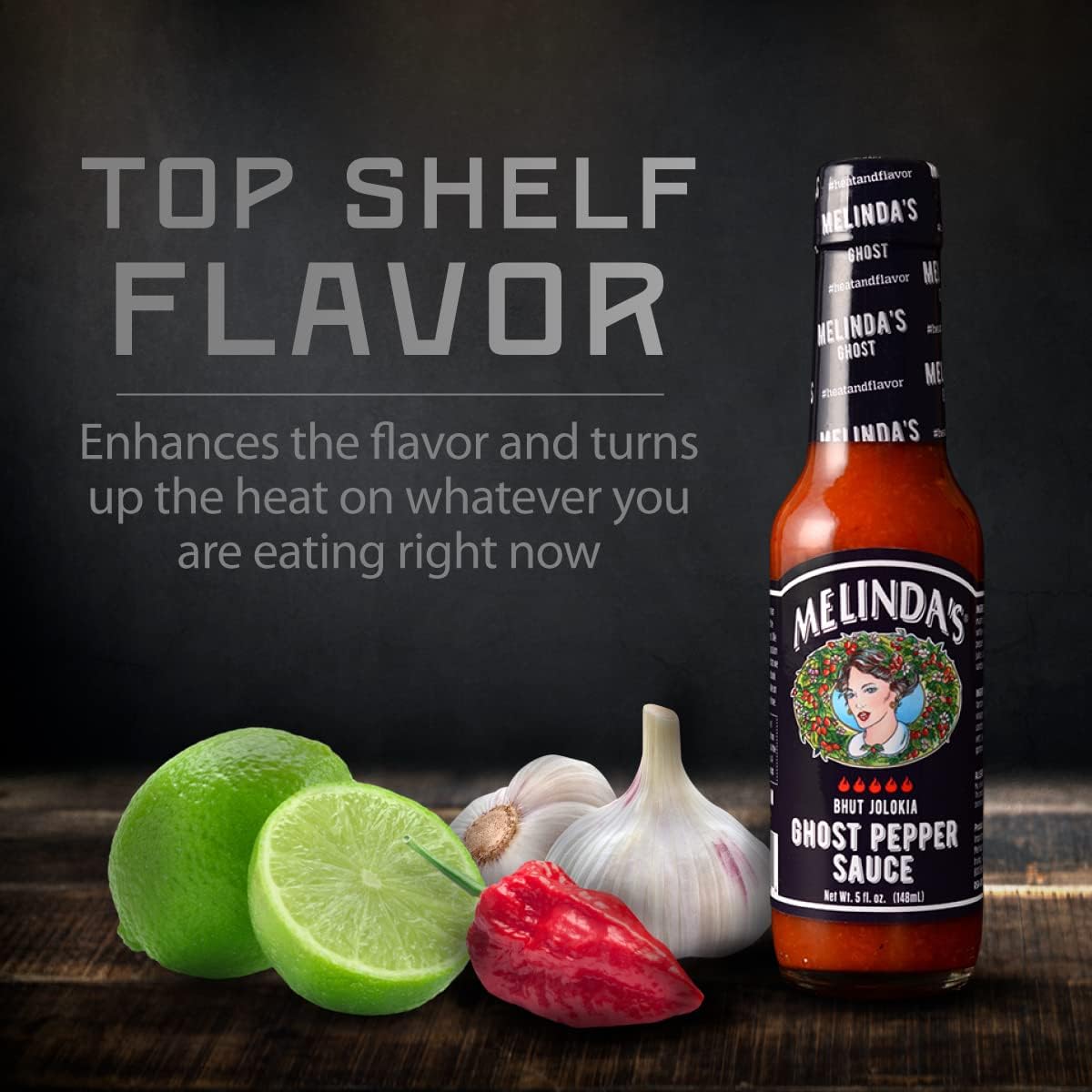 Melinda's Ghost Pepper Hot Sauce - Extra Spicy Gourmet Hot Sauce with Fresh Ghost Peppers (Bhut Jolokia), Habanero, Carrot, Garlic & Lime Juice - 5oz Bottle (4-Pack) - Perfect for Wings, Tacos, Burgers & Spicy Food Lovers