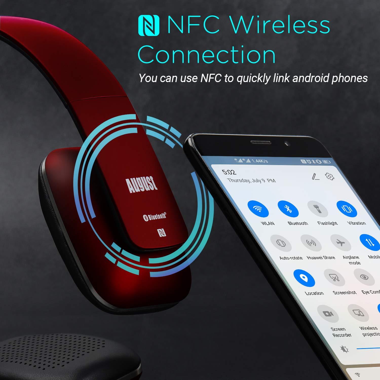 August EP636 Wireless Bluetooth Headphones with NFC & Built-in Mic - On-Ear Comfort for Music, Calls & Gaming - Red (Perfect for Commuting, Workouts & Office Use)