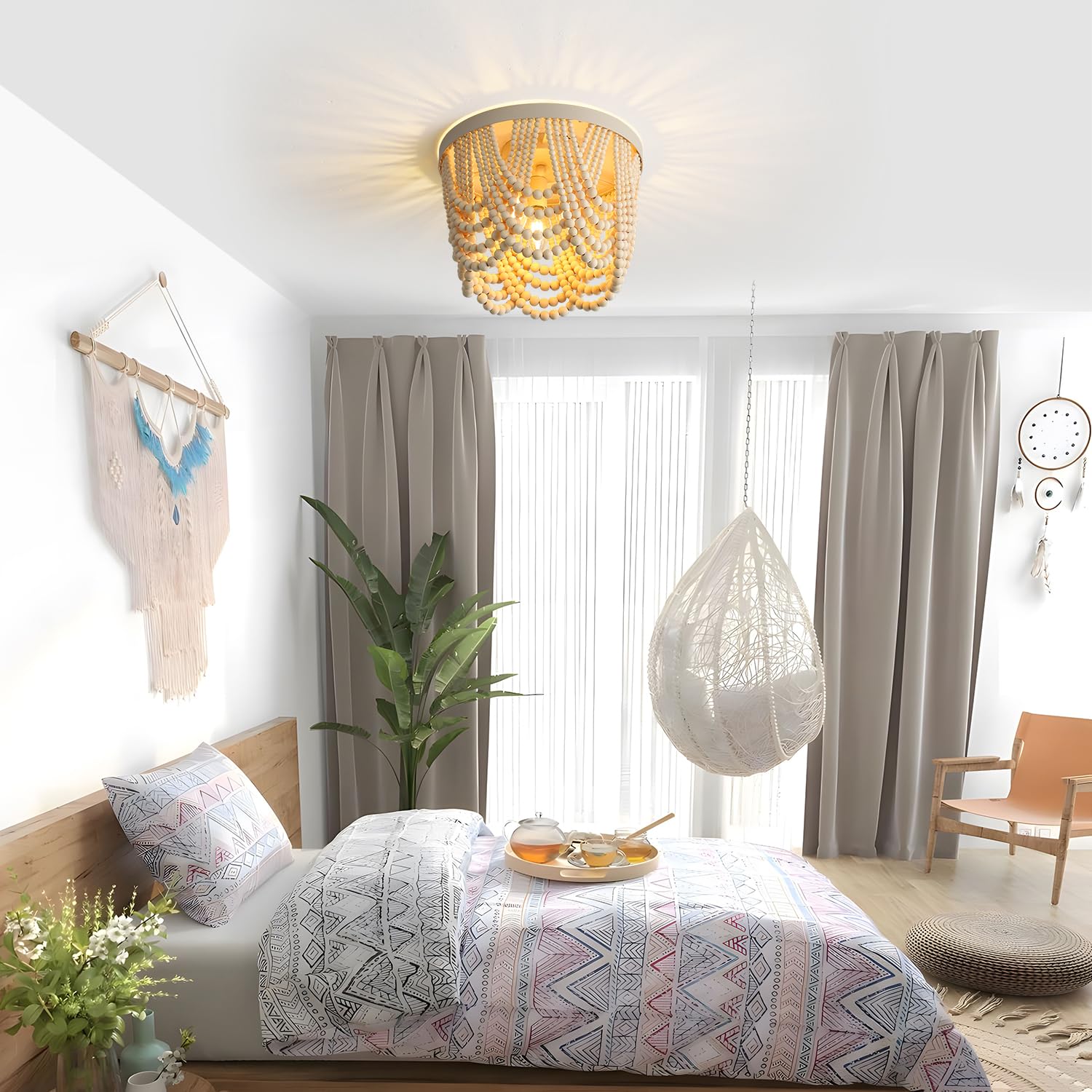 Bohemian Wood Beaded Chandelier - 3 Light Recessed Mount Ceiling Lamp in Antique Rustic Finish | Perfect for Dining Room, Bedroom, Nursery, Hallway & Entryway Decor | Creates Cozy Bohemian Ambiance