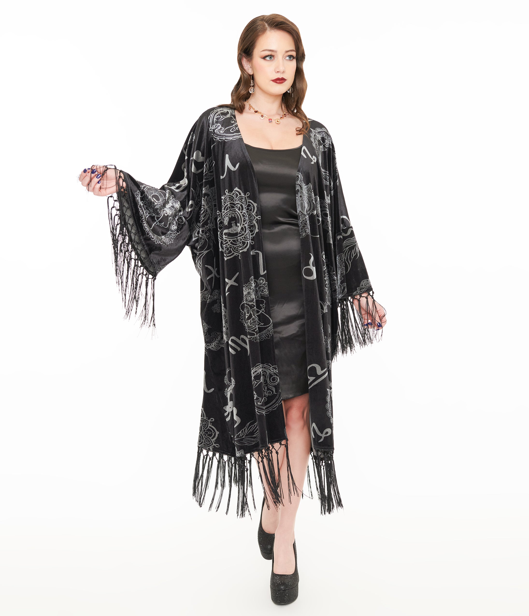 Vintage 1920s Silver & Black Velvet Zodiac Fringe Kimono - Flapper Style Roaring 20s Costume for Halloween, Gatsby Party & Burlesque Performances