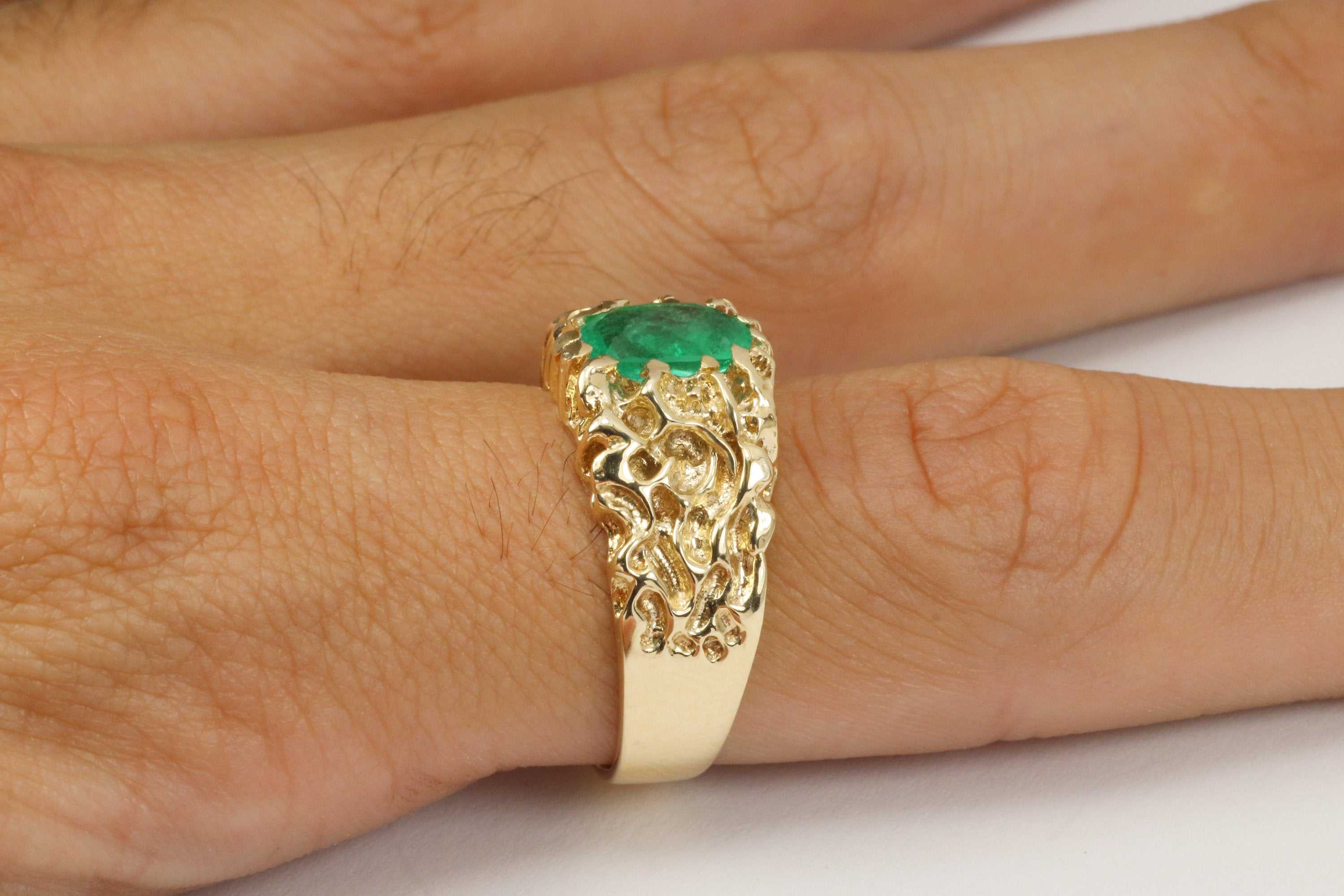 1.50 Carat Genuine Emerald Oval Cut Solitaire Men's 14K Gold Nugget Ring - Perfect for Weddings, Anniversaries & Special Occasions