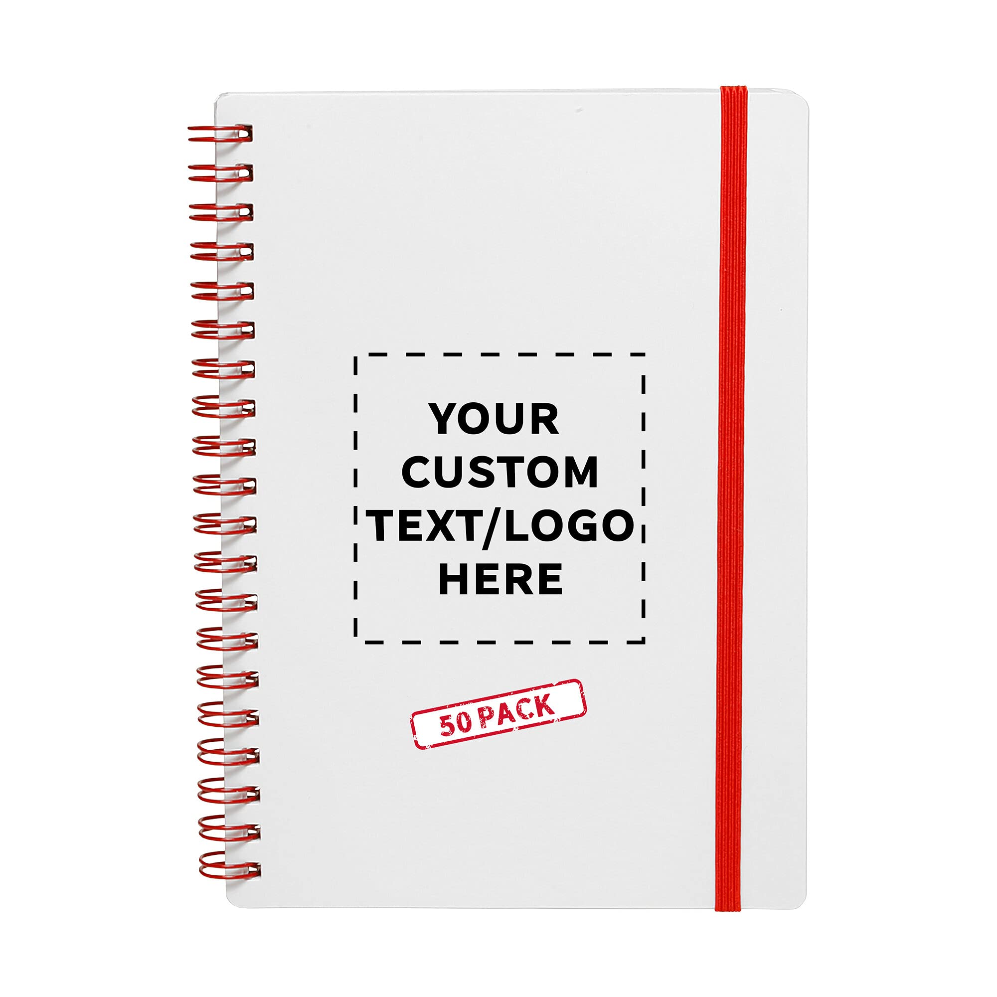 50-Pack White Spiral Notebooks with Elastic Closure | Customizable Cover Text & Logo | 80 Lined Pages | Eco-Friendly Recycled Paper | Perfect for Office, School & Gift Giving
