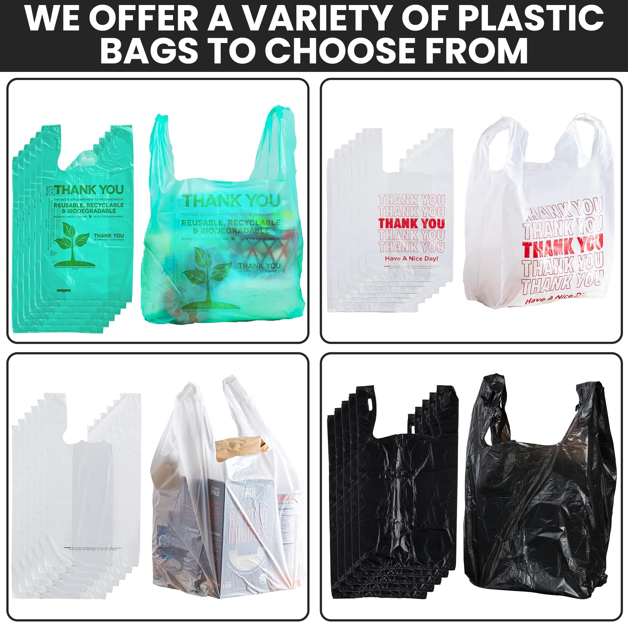 100 Pack Black Plastic Grocery Bags with Handles - Biodegradable Shopping Bags Bulk for Groceries, T-Shirts & Produce - Eco-Friendly Thank You Bags for Retail Stores, Farmers Markets & Home Use