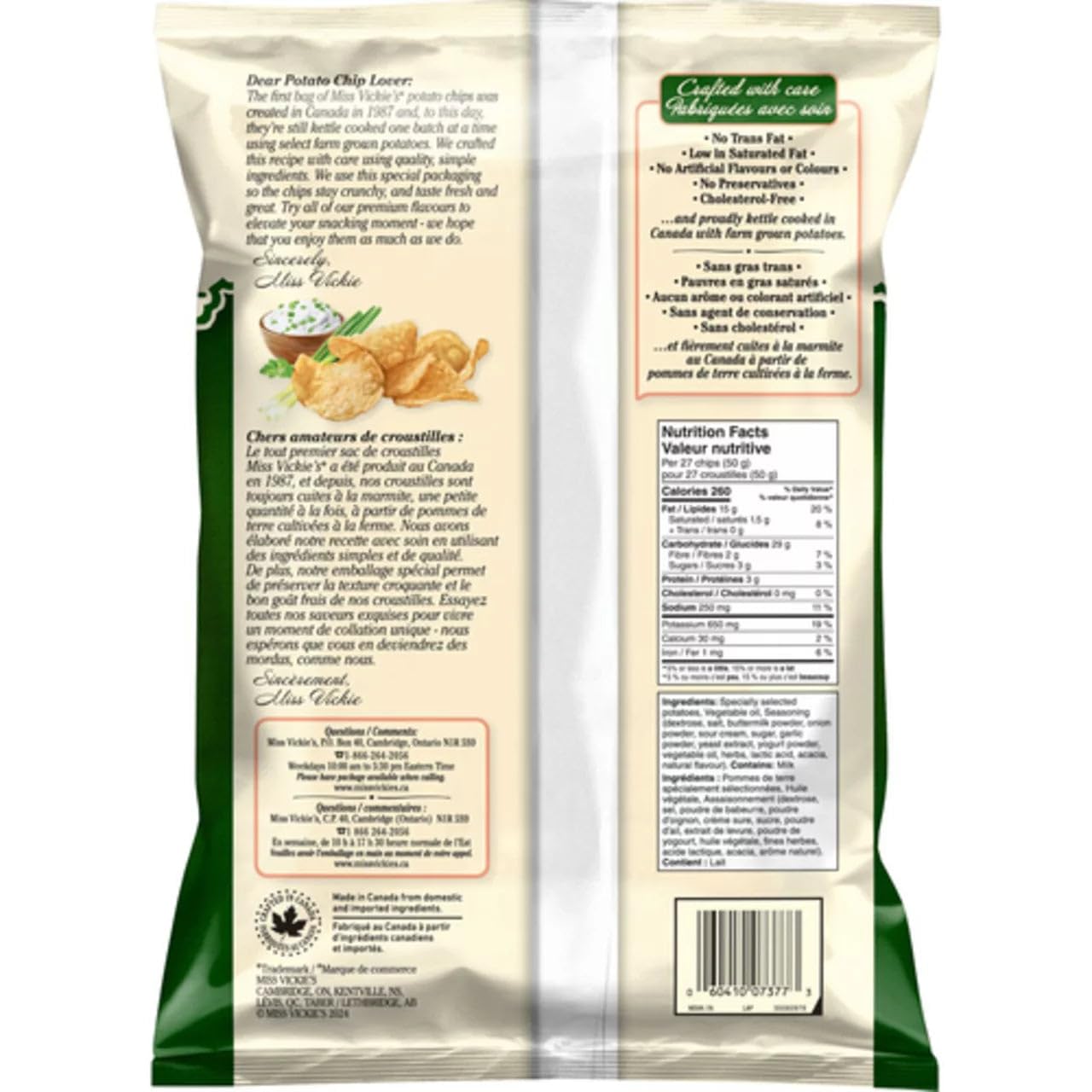 Miss Vickies Kettle Cooked Sour Cream & Onion Potato Chips - 7.1oz (200g) Bag | Crunchy Snack for Parties, Picnics & Game Nights