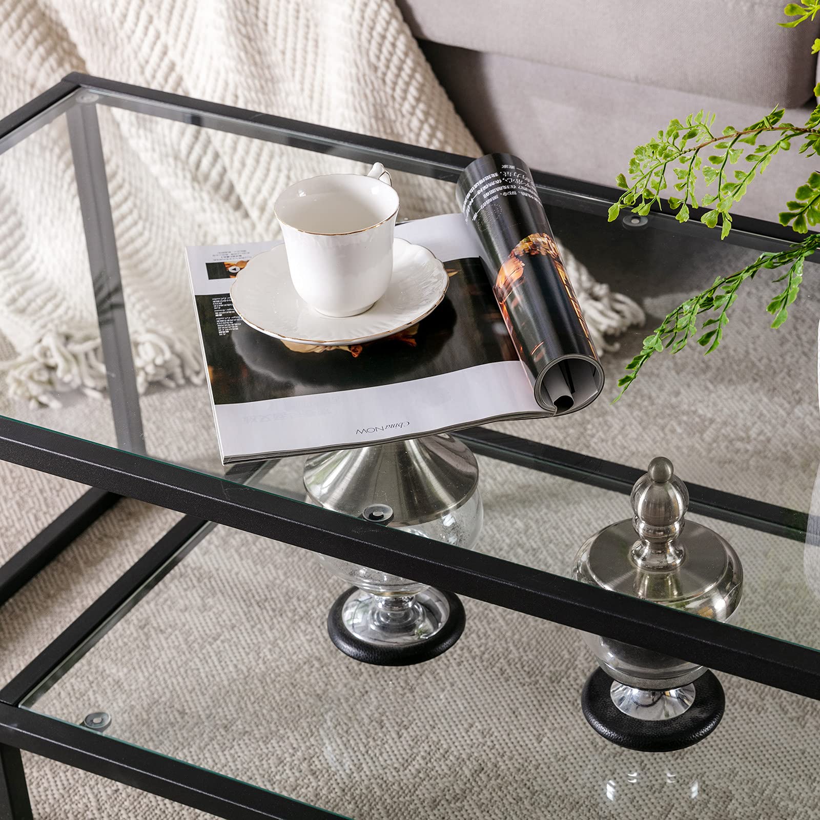 Modern Black Metal & Tempered Glass Coffee Table with Storage Shelf - Stylish Accent Side Table for Living Room, Office & Home Decor - Perfect for Small Spaces, Lounges & Contemporary Interiors