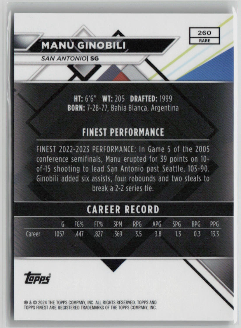 2023 Topps Finest Manu Ginobili Red Black #260 Basketball Card - NBA Collectible for Fans & Investors - Perfect for Trading, Display & Memorabilia Collections
