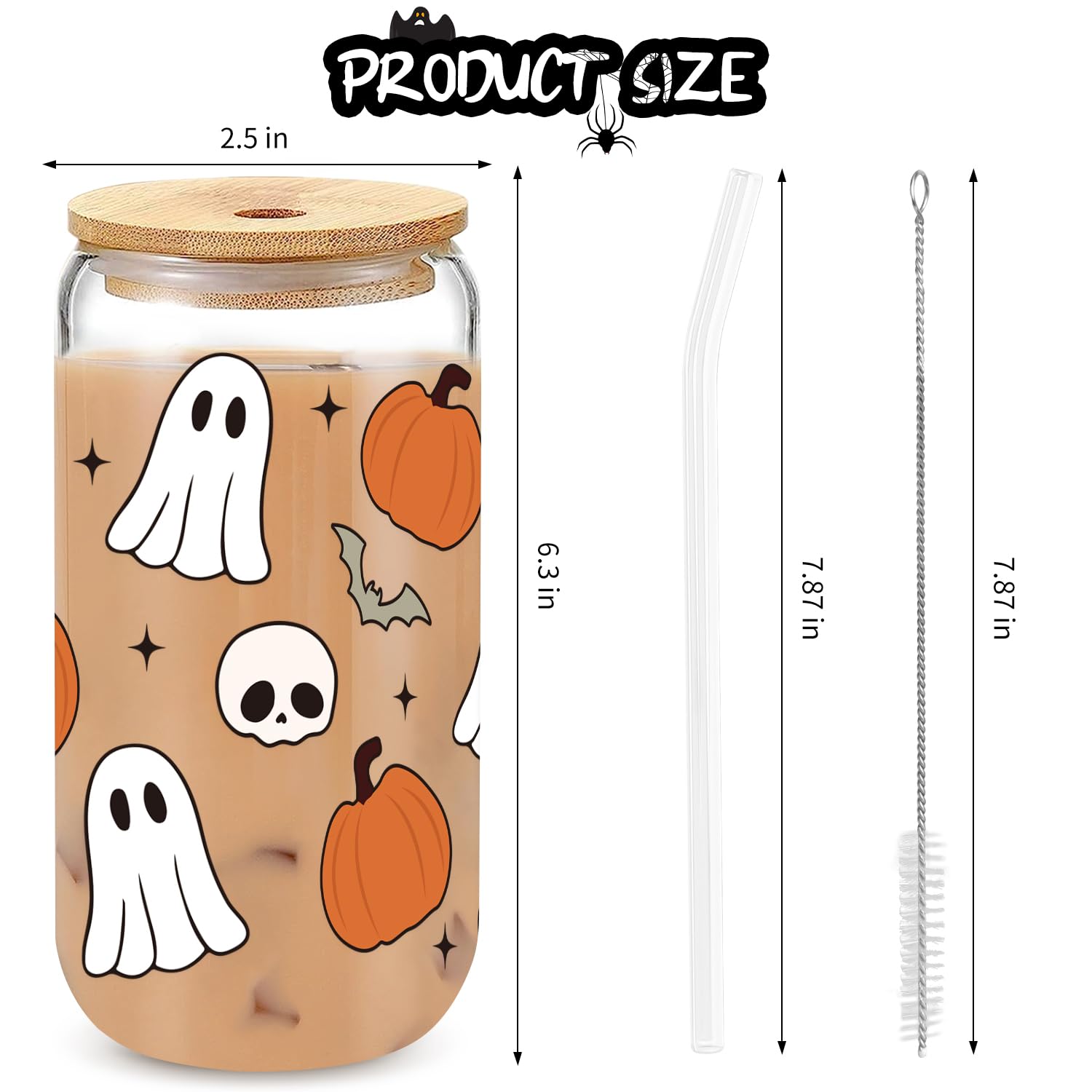 UAREHIBY 18oz Halloween Glass Tumbler with Lid & Straw - Ghost, Pumpkins, Bats & Skulls Design - Spooky Coffee Mug for Women - Perfect for Halloween Parties, Office Use & Gift Giving