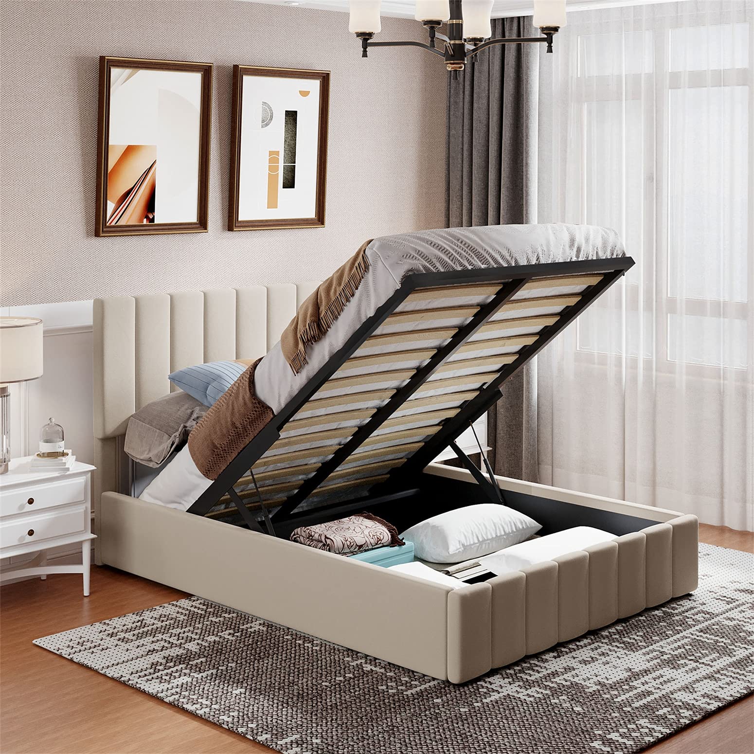 Upholstered Full Storage Bed Frame with Headboard - for Kids, Teens & Adults - Home & Dorm Use