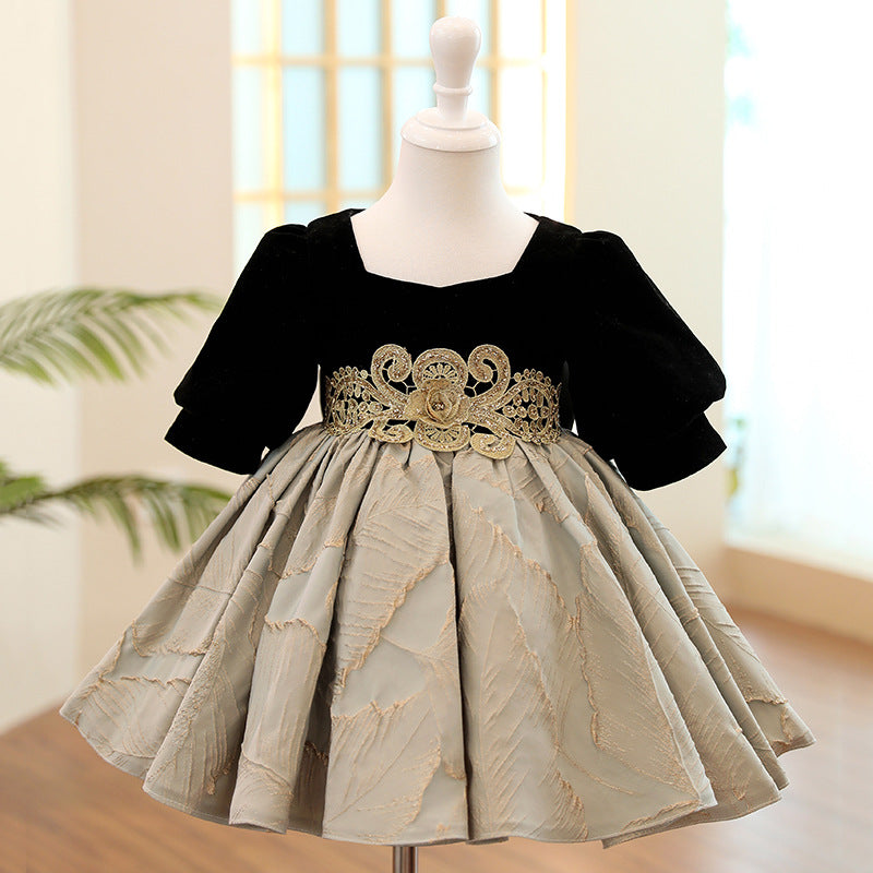 Elegant Baby Girls Square & Round Neck Pattern Belt Puffy Princess Dress - Toddler Party Dress for Birthday, Photo Shoots & Special Occasions