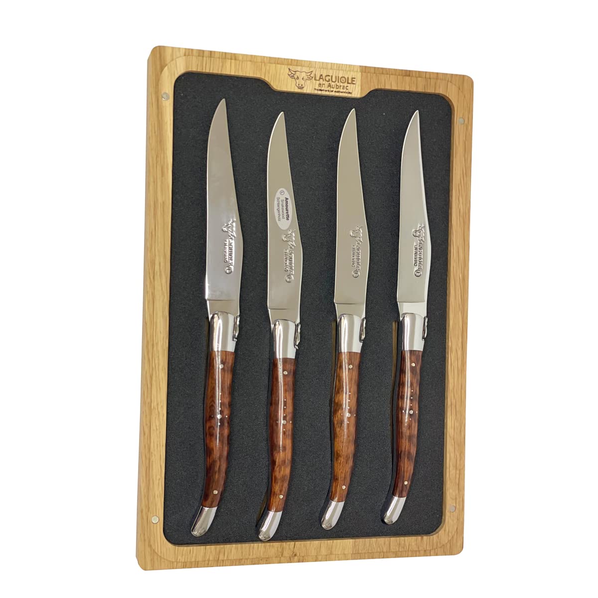Laguiole en Aubrac Luxury Forged Full Tang Stainless Steel Steak Knives Set - 4-Piece with Amourette Snakewood Handle & Shiny Bolsters - Perfect for Fine Dining, Steakhouse Experience & Gourmet Gifts