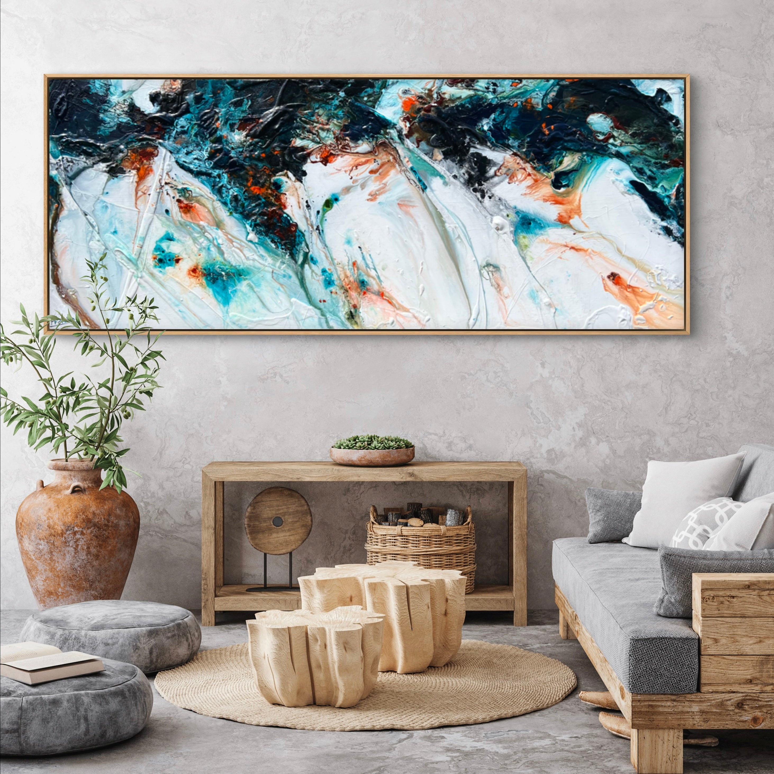 Reefed 200cm x 80cm Blue Teal Ochre Textured Abstract Canvas Wall Art - Modern Home Decor for Living Room, Bedroom & Office
