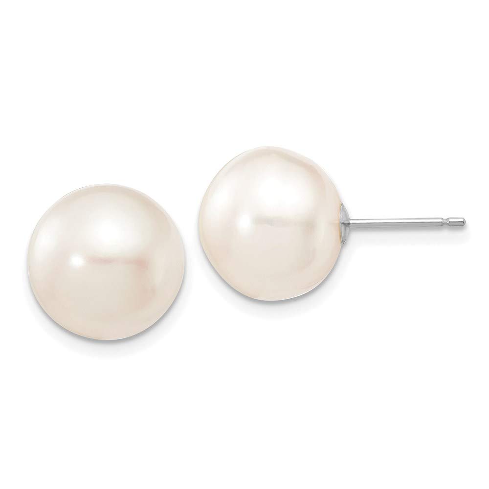 14K White Gold Freshwater Cultured Pearl Stud Earrings for Women - 11-12mm Round White Button Pearls - Perfect for Weddings, Parties & Everyday Elegance