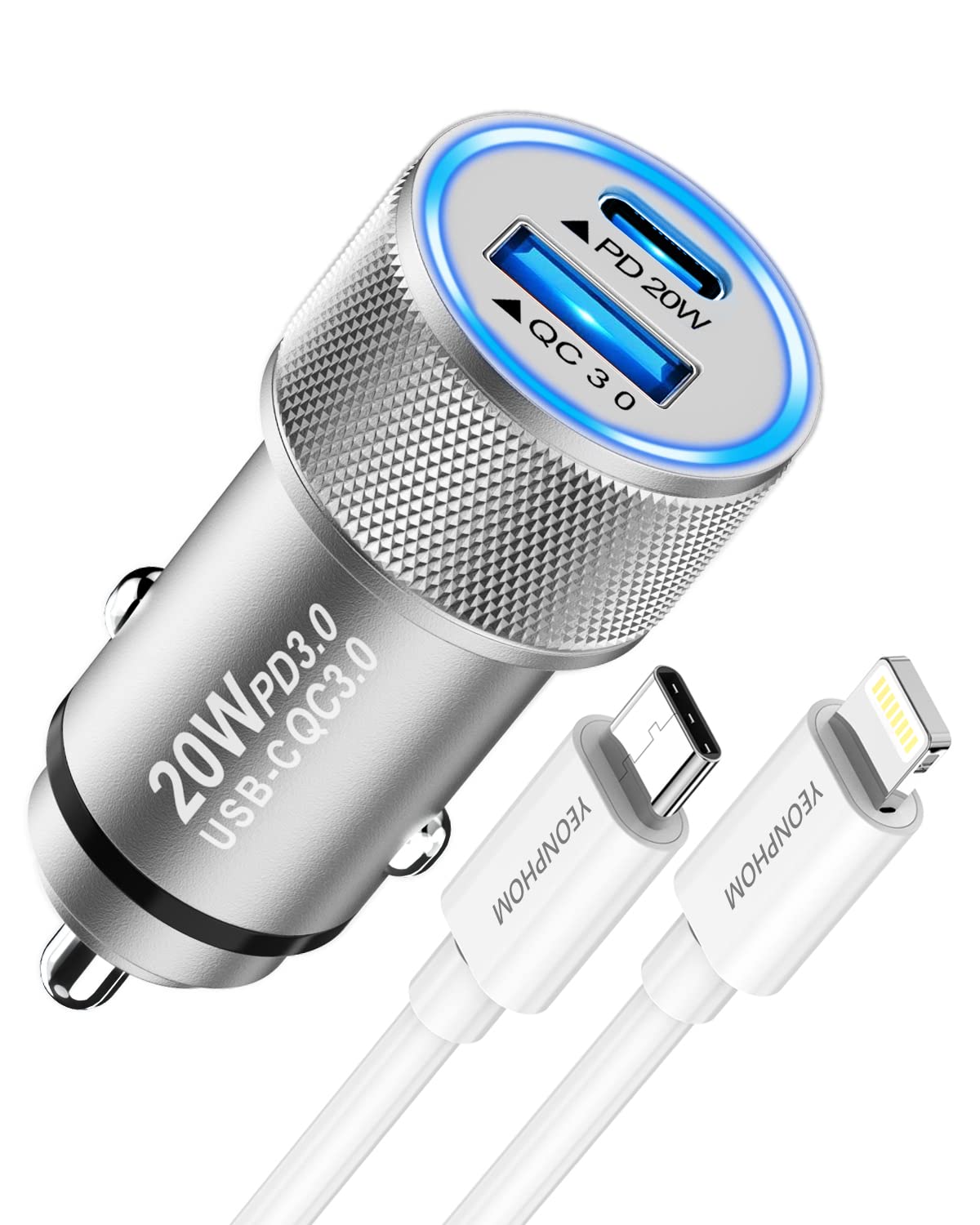 Apple MFi Certified iPhone Car Charger - YEONPHOM 20W PD & QC3.0 Fast Dual Port USB C Car Charger for iPhone 14/13/12 Pro Max/Mini/11/XR/XS/X - Includes Type C to Lightning Cable - Perfect for Road Trips & Daily Commutes
