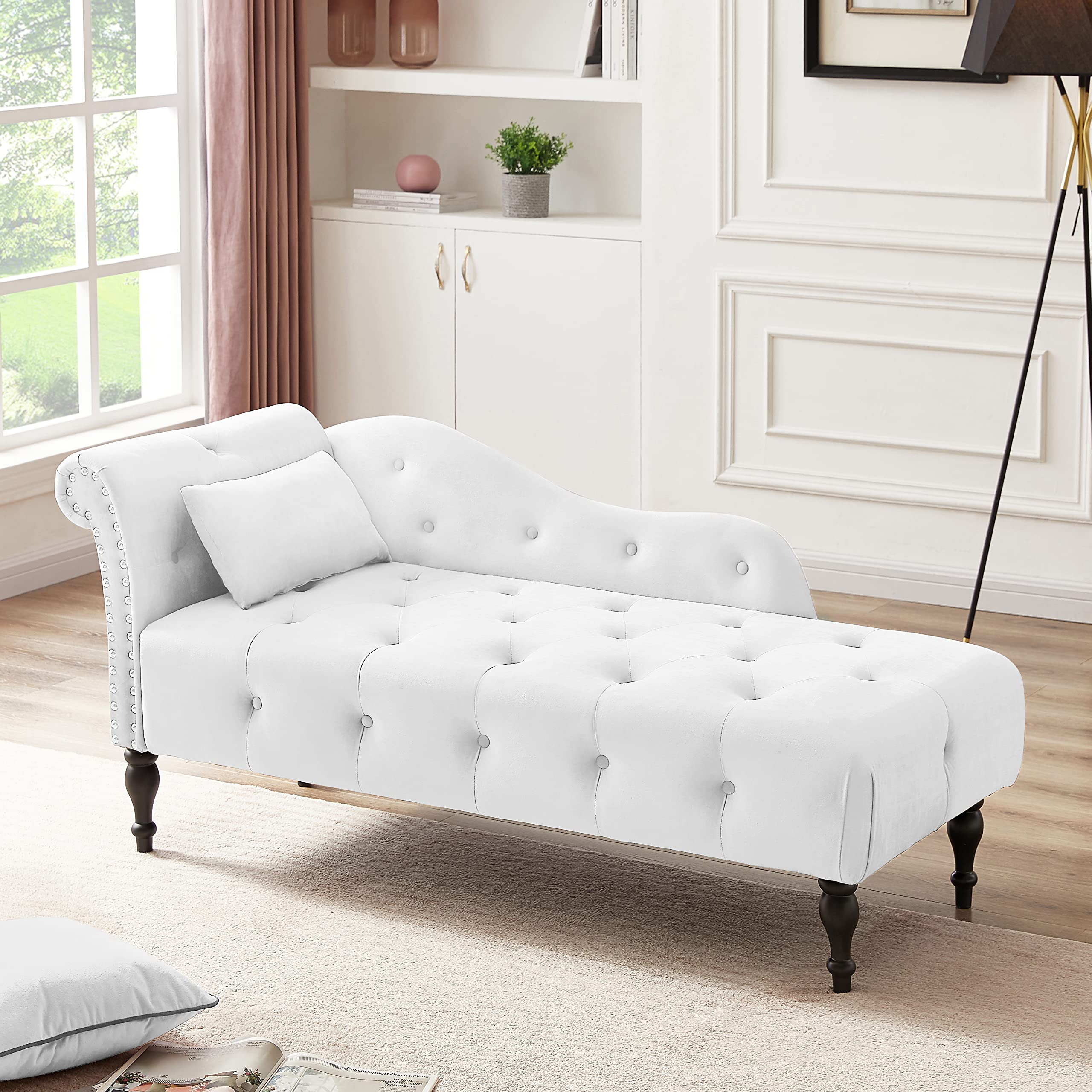Luxury Velvet Chaise Lounge Sofa Bed - Modern Tufted Button & Nailhead Trim Design with Rolled Left Armrest & Pillow - Perfect for Bedroom, Living Room & Home Office (White)