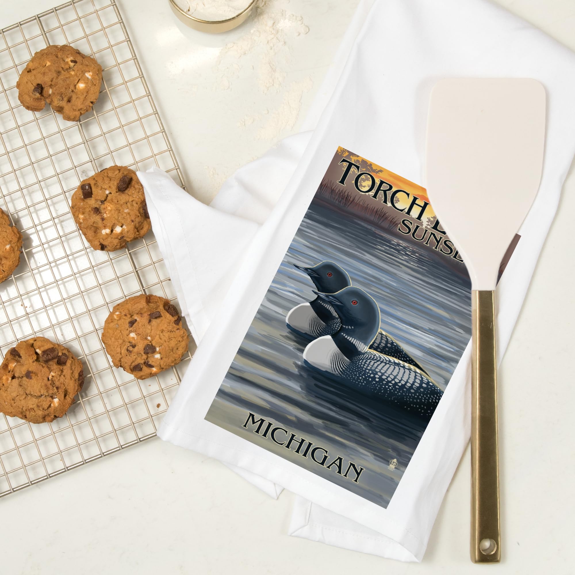 Lantern Press Torch Lake Michigan Loons at Sunset 100% Cotton Tea Towel - Decorative Hand Towel for Kitchen, Home Decor & Gifts - Perfect for Dish Drying, Wall Art & Cozy Farmhouse Style