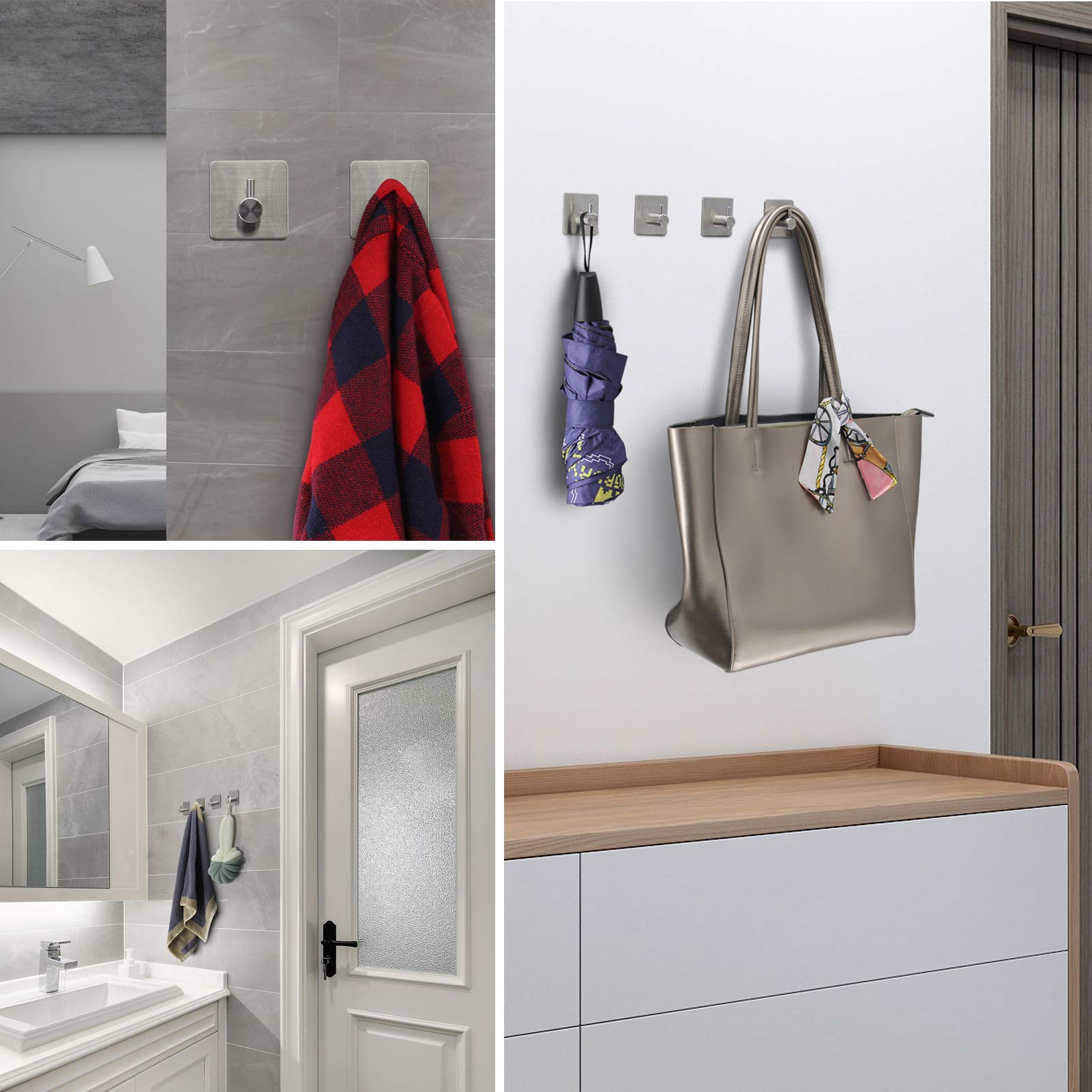 Stainless Steel Heavy Duty Adhesive Hooks - 4 Pack Wall Hooks for Bathroom, Kitchen & Bedroom - Perfect for Hanging Towels, Coats, Hats & More - Strong Hold No Drill Hooks for Doors, Walls & Tiles