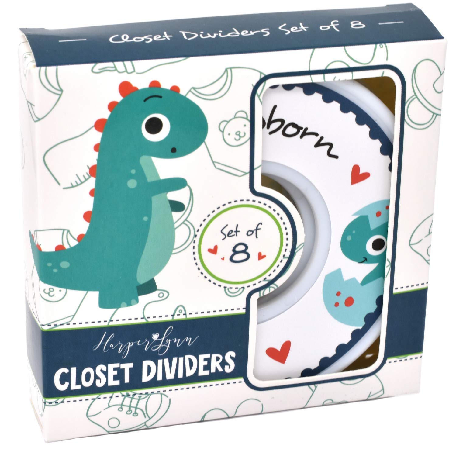 HarperLynn Baby Closet Dividers - 8-Pack Dinosaur Nursery Clothes Organizers for Newborn to 2T - Perfect for Boys & Girls - Fits 1.25 Inch Rod - Ideal Baby Shower Gift & Nursery Organization Solution