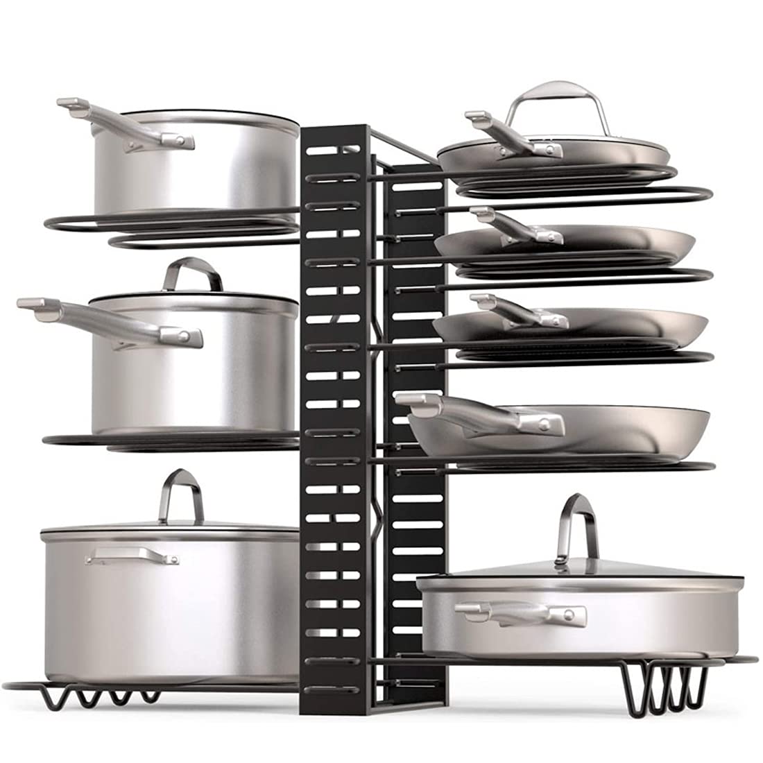 5-Layer Adjustable Pot and Pan Organizer Rack - Heavy Duty Cast Iron Frying Pan & Lid Storage - Space Saving Kitchen Cabinet Organizer for Pots, Pans & Cookware - Perfect for Small Kitchens & Apartment Cooking