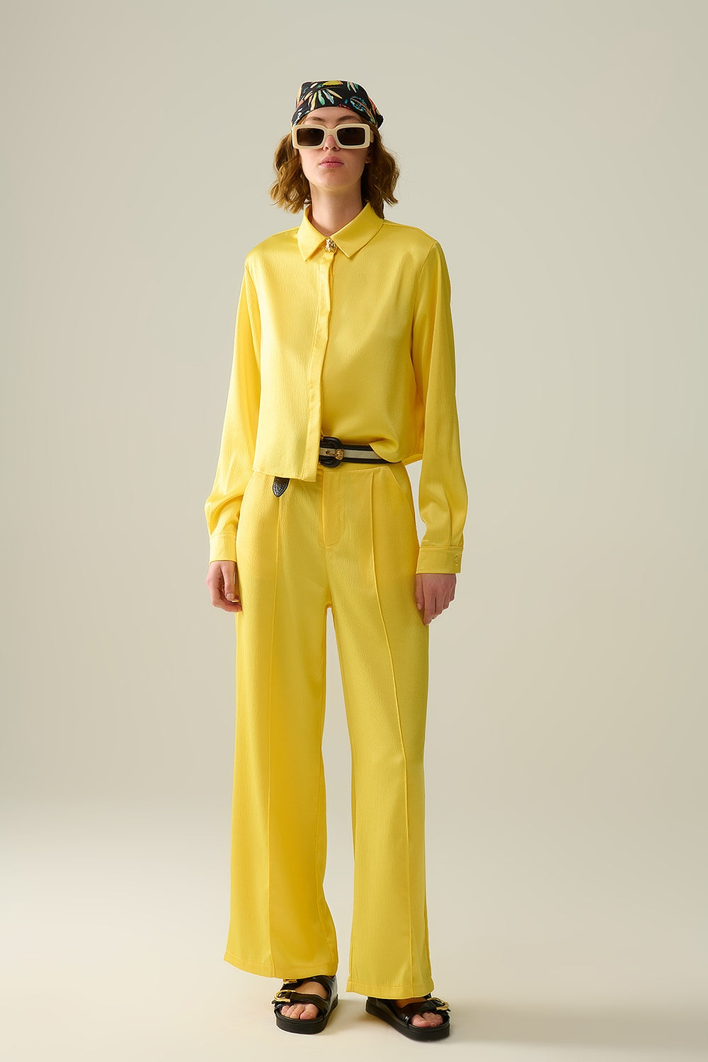Textured Satin Yellow Wide Leg Pants for Women - Elegant & Comfortable Lounge Wear for Home, Office & Evening Out