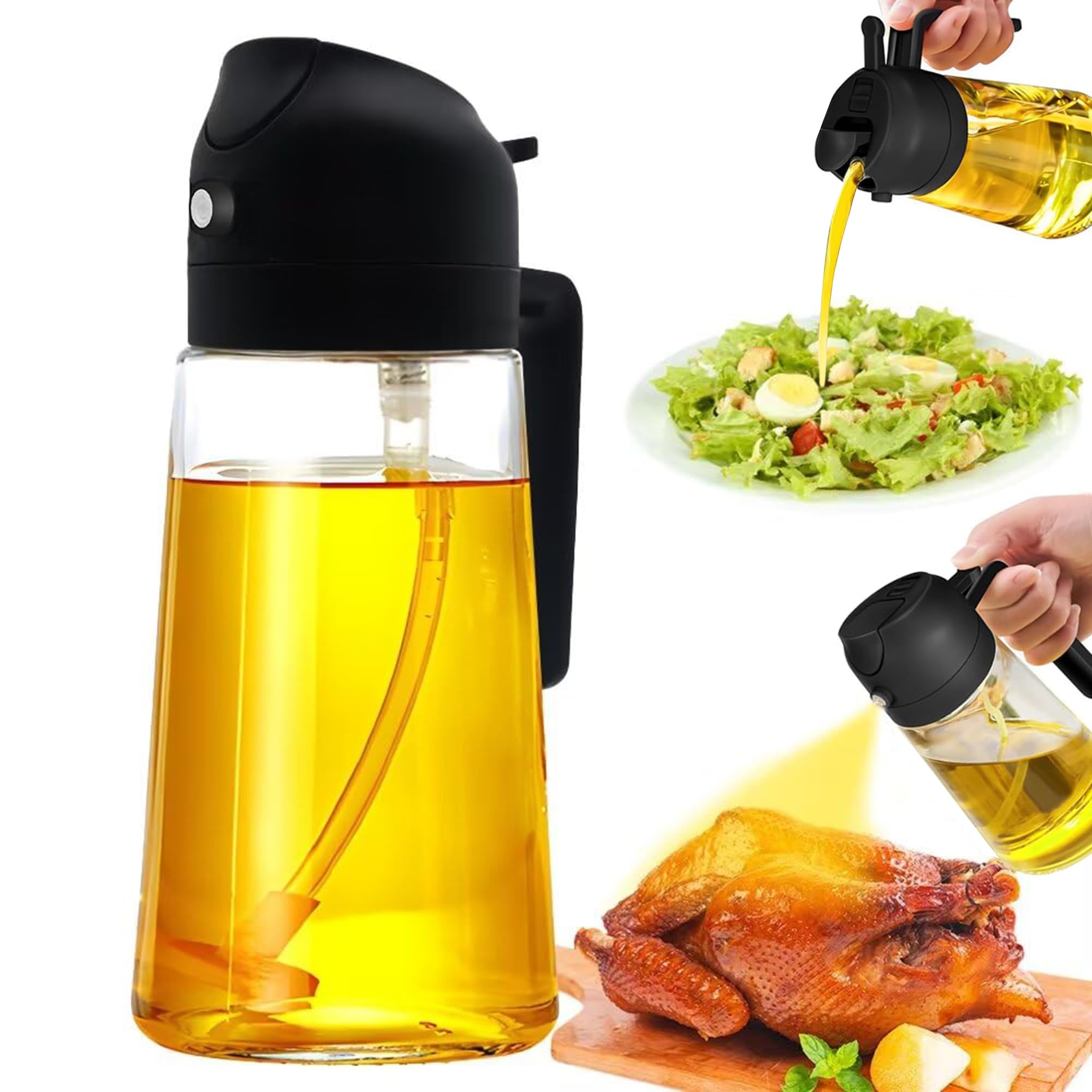 Premium 2-in-1 Glass Oil Dispenser & Sprayer - 470ml Kitchen Oil Spray Bottle for Olive Oil, Vinegar & Cooking - Perfect for Salad Making, Baking, Frying & BBQ - Black (Ideal for Healthy Cooking & Meal Prep)