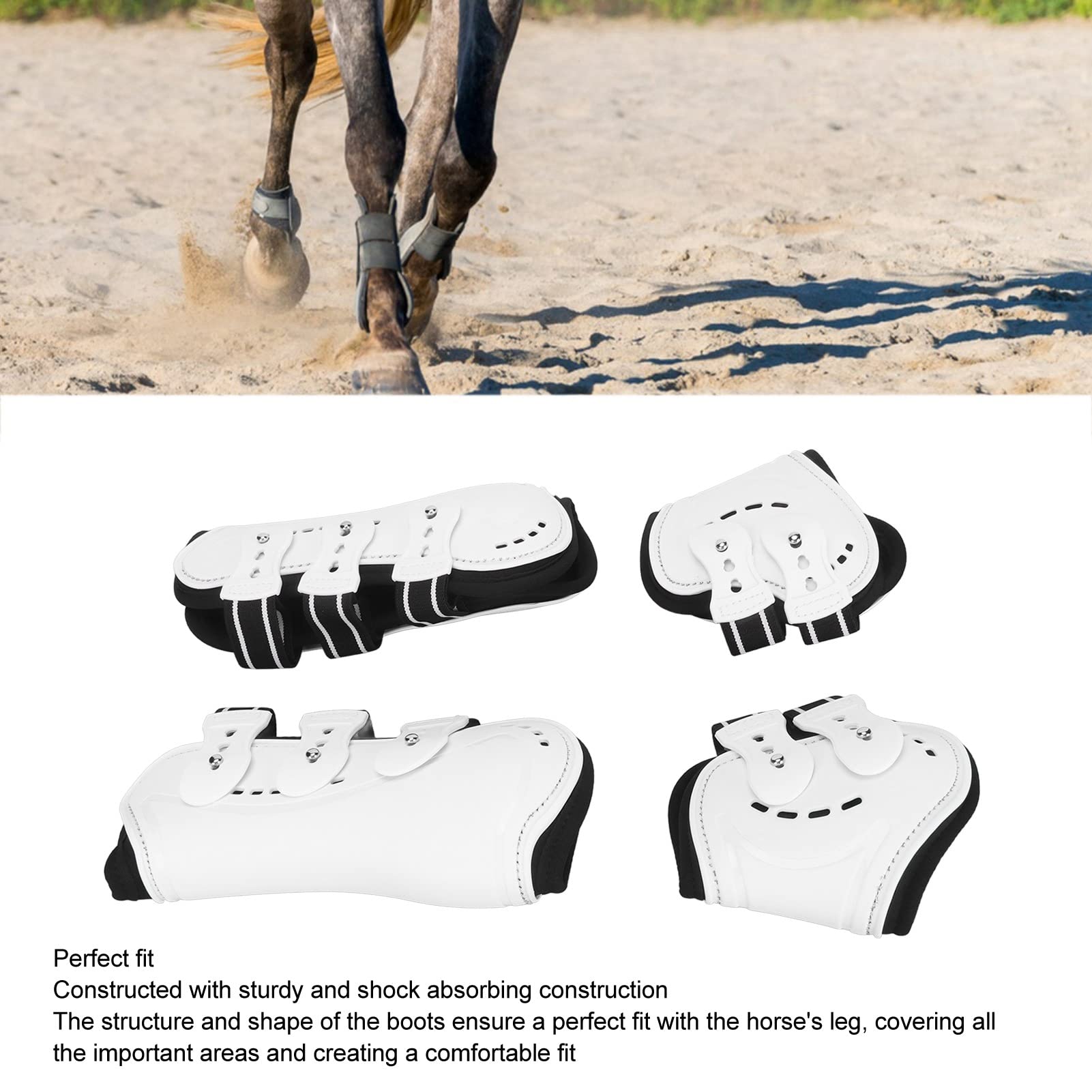 Shock Absorbing Adjustable Horse Tendon Boots - Open Front Jumping Fetlock Boots for Front & Hind Leg Protection (White, Set of 4) - Ideal for Show Jumping, Dressage & Equestrian Training