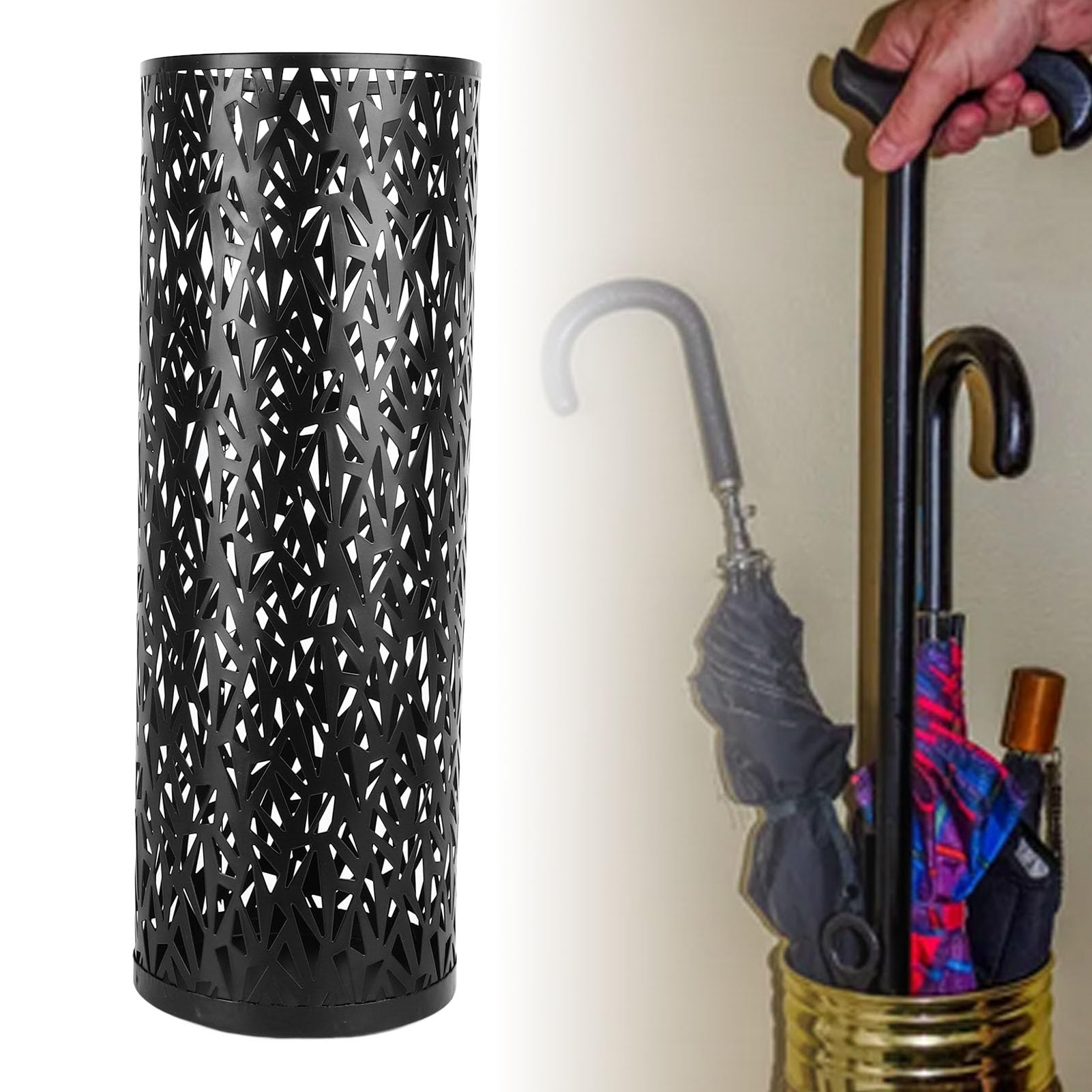 Metal Freestanding Umbrella Stand Holder for Entryway - Hollow Round Design for Home, Hotel & Office - Compact Black Umbrella Organizer Bin - Perfect for Rainy Days & Wet Umbrellas