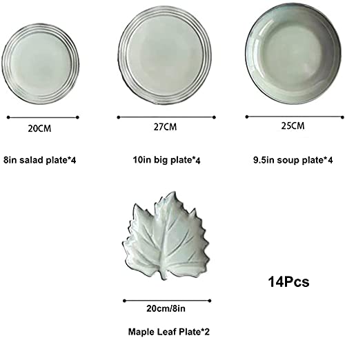Premium 14-Piece Ceramic Dinnerware Set - Classic Retro Round Chip-Resistant Porcelain Plates & Bowls in Green, Service for 4 - Elegant Tableware for Everyday Dining & Entertaining