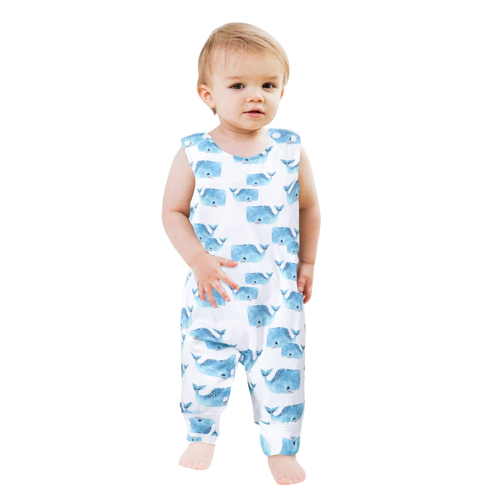 **Baby Blue Dinosaur Print Romper Jumpsuit - Sleeveless Infant & Toddler Outfit for Girls & Boys - Perfect for Playtime, Summer Outings & Casual Wear**
