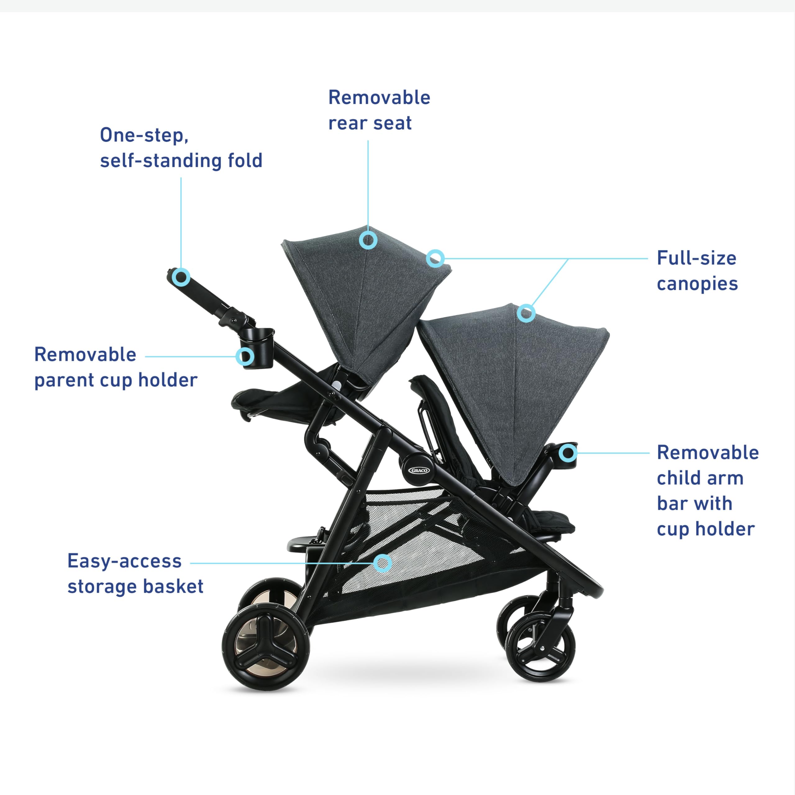 Graco Ready2Grow 2.0 Double Stroller with Bench Seat & Standing Platform - Lightweight Foldable Stroller for Twins & Siblings - Perfect for Shopping, Travel & Daily Walks