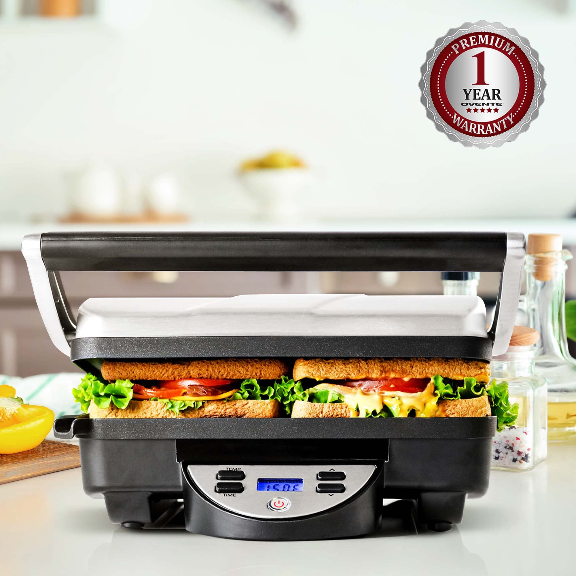 OVENTE 1500W Electric Panini Press Sandwich Maker - Nonstick Indoor Grill with Digital Timer & Temperature Control, Removable Drip Tray - Perfect for 4-Slice Sandwiches, Burgers & Breakfast - Ideal for Home, Office & Camping (Silver GP1000BR)