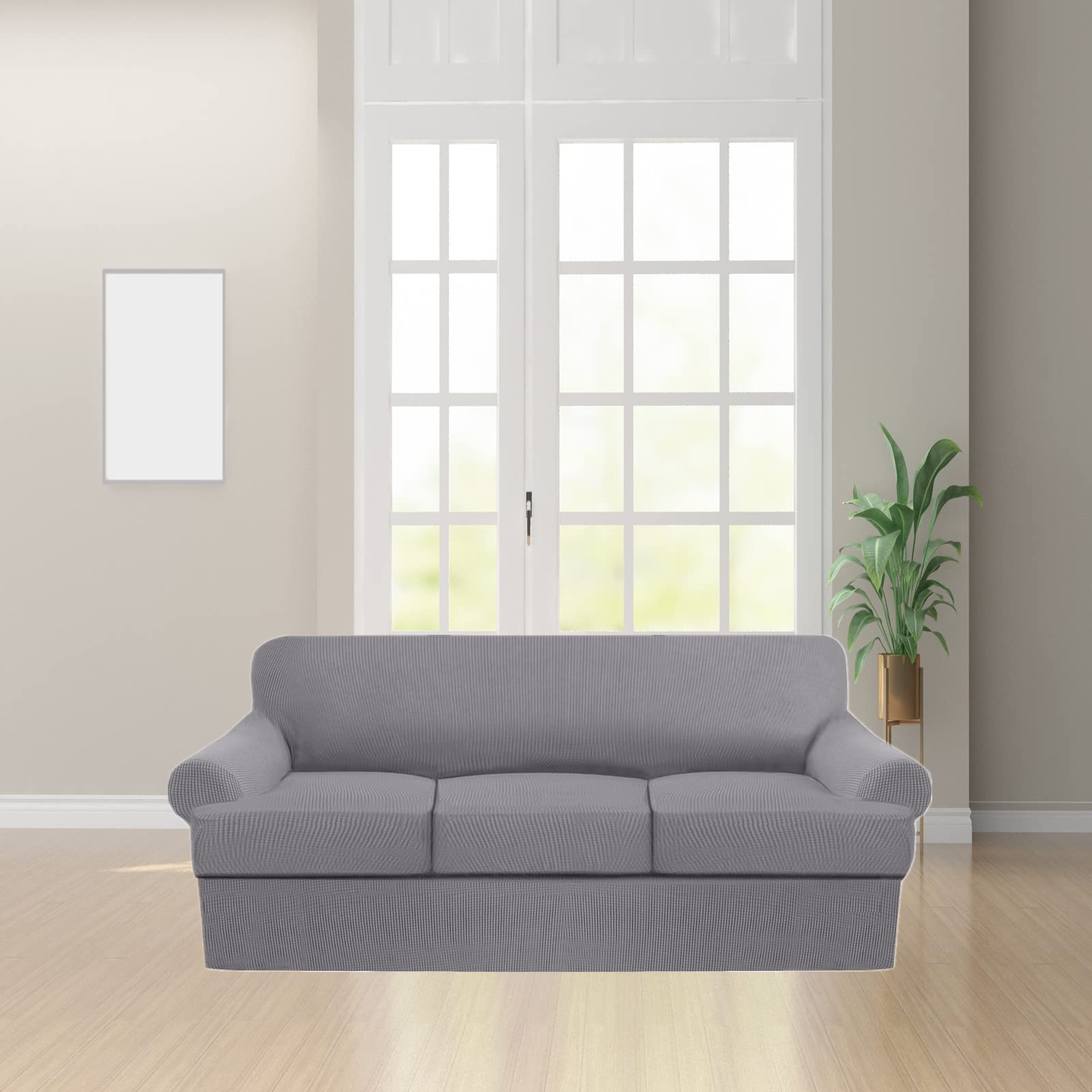 4-Piece T-Cushion Sofa Slipcover Set - Thick Stretchable Couch Cover, Furniture Protector for 3-Cushion Sofa with Washable Individual Covers (Light Grey) - Perfect for Living Room, Family Room & Home Decor
