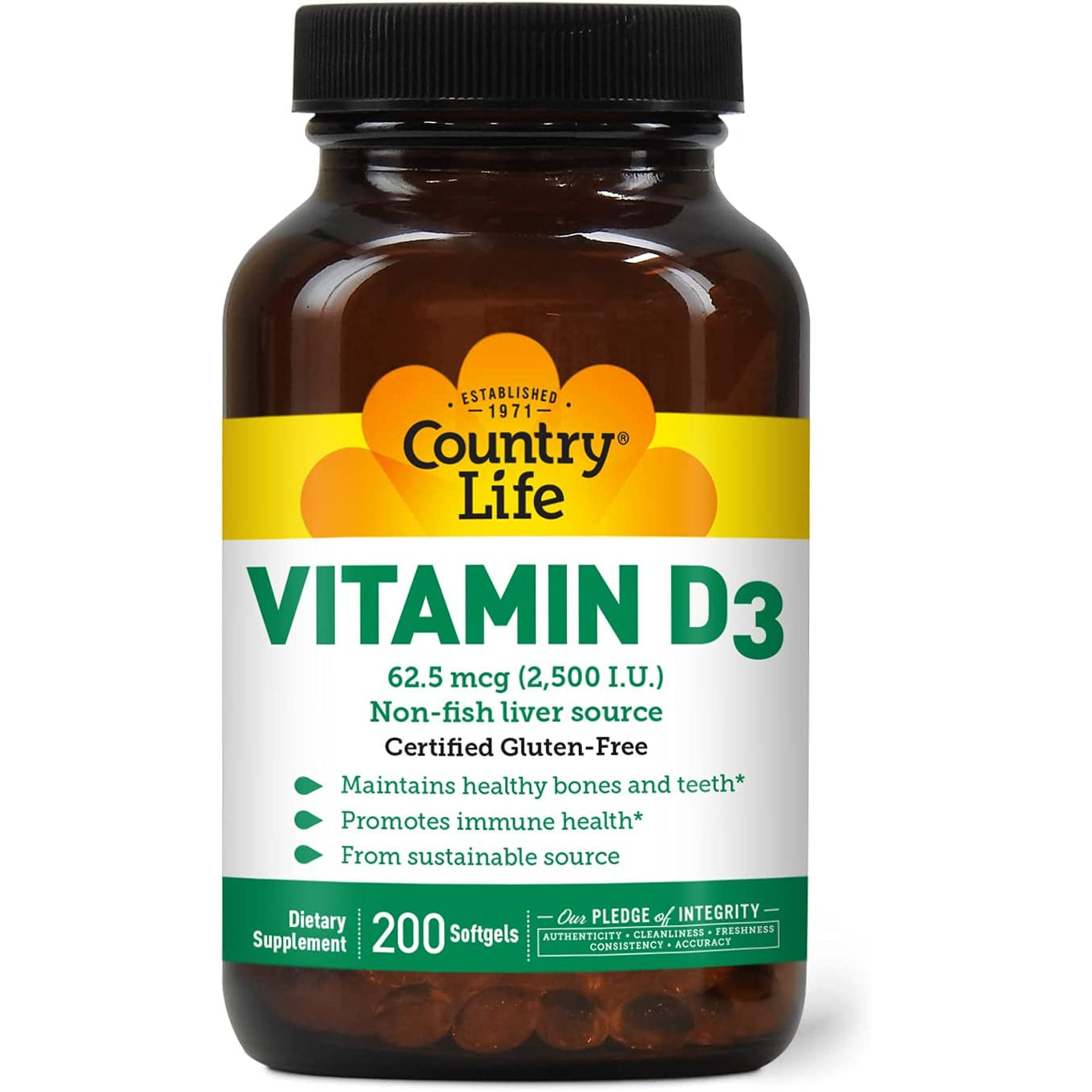 Country Life Vitamin D3 Supplement - 62.5 mcg (2500 IU) for Immune Support & Bone Health - Supports Calcium Absorption & Mood Regulation - Ideal for Adults & Seniors with Low Sun Exposure