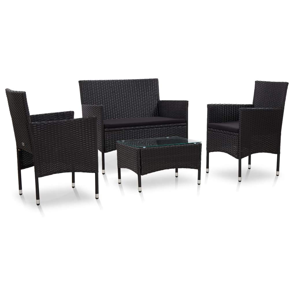 vidaXL 4-Piece Black PE Rattan Garden Lounge Set with Cushions - Outdoor Patio Furniture Bistro Set for Backyard, Poolside & Garden Relaxation - Weather-Resistant Wicker Furniture for Terrace, Balcony & Outdoor Dining