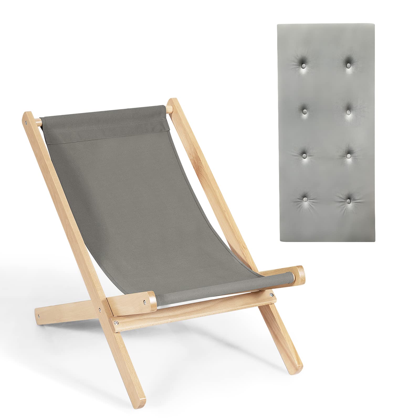 Giantex Adjustable Beach Sling Chair - 3-Position Outdoor Lounge Chair with Wood Frame & Thick Cushion - Dual Purpose Folding Chaise for Sunbathing, Camping, Patio & Living Room Relaxation (Gray)