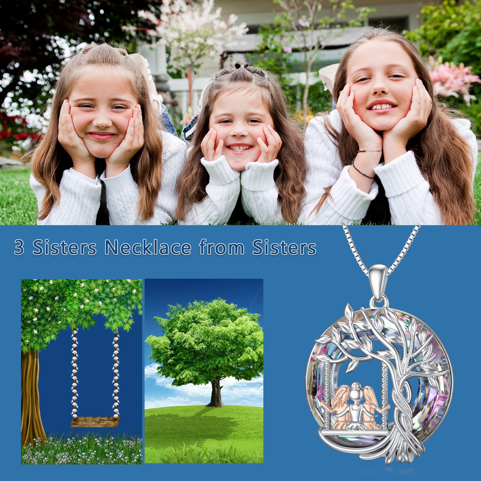 TOUPOP 925 Sterling Silver Tree of Life Necklace for Sisters - 2/3/4 Sisters Jewelry with Crystals - Meaningful Birthday, Mother's Day & Friendship Gift for Women, Daughters & Friends - Perfect for Family Reunions, Sister Bonding & Special Occasions