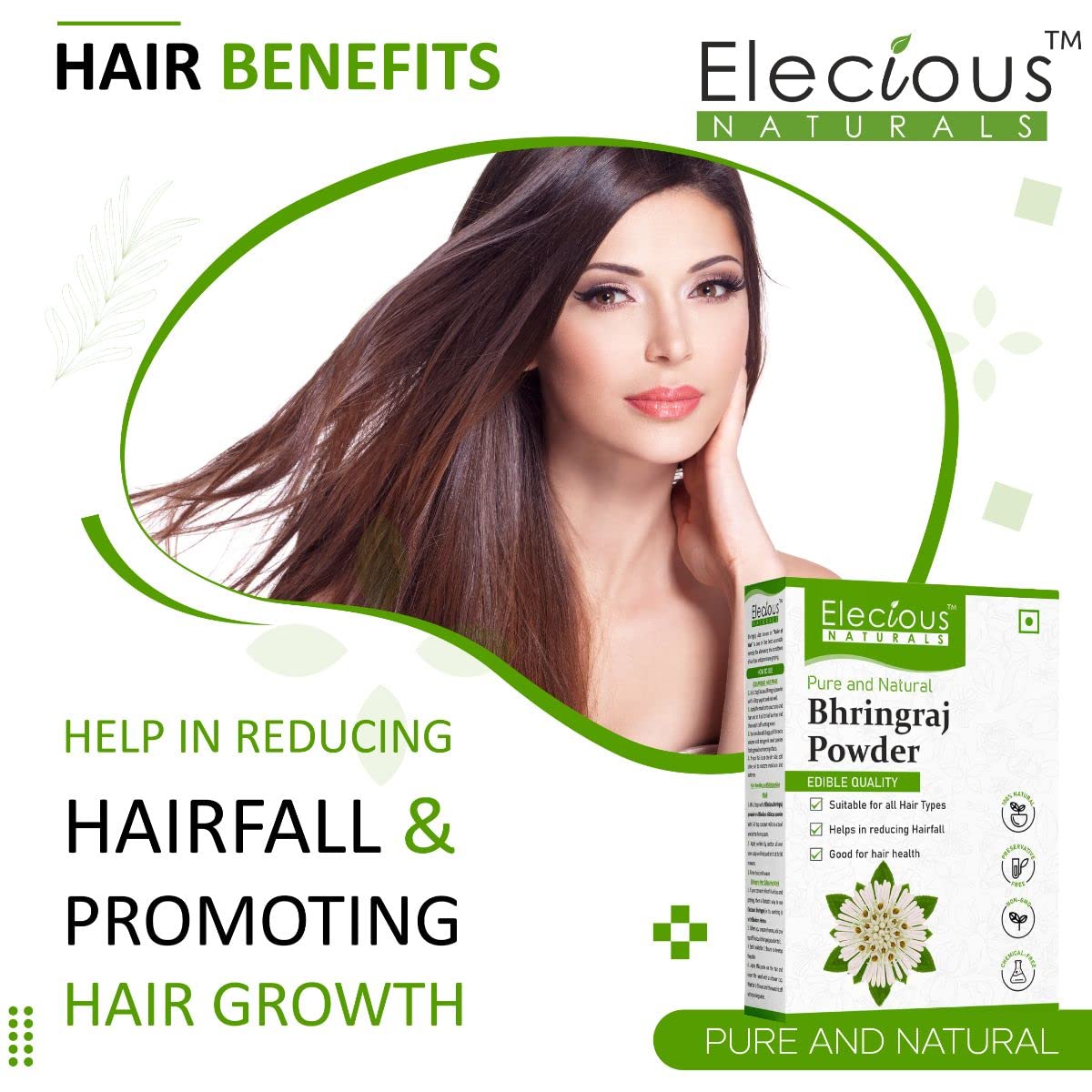 Elecious Pure Bhringraj Powder for Hair Growth & Consumption - 200g | 100% Natural, Preservative-Free | Ideal for Hair Masks, Oils & Dietary Supplement | Promotes Healthy Hair & Scalp