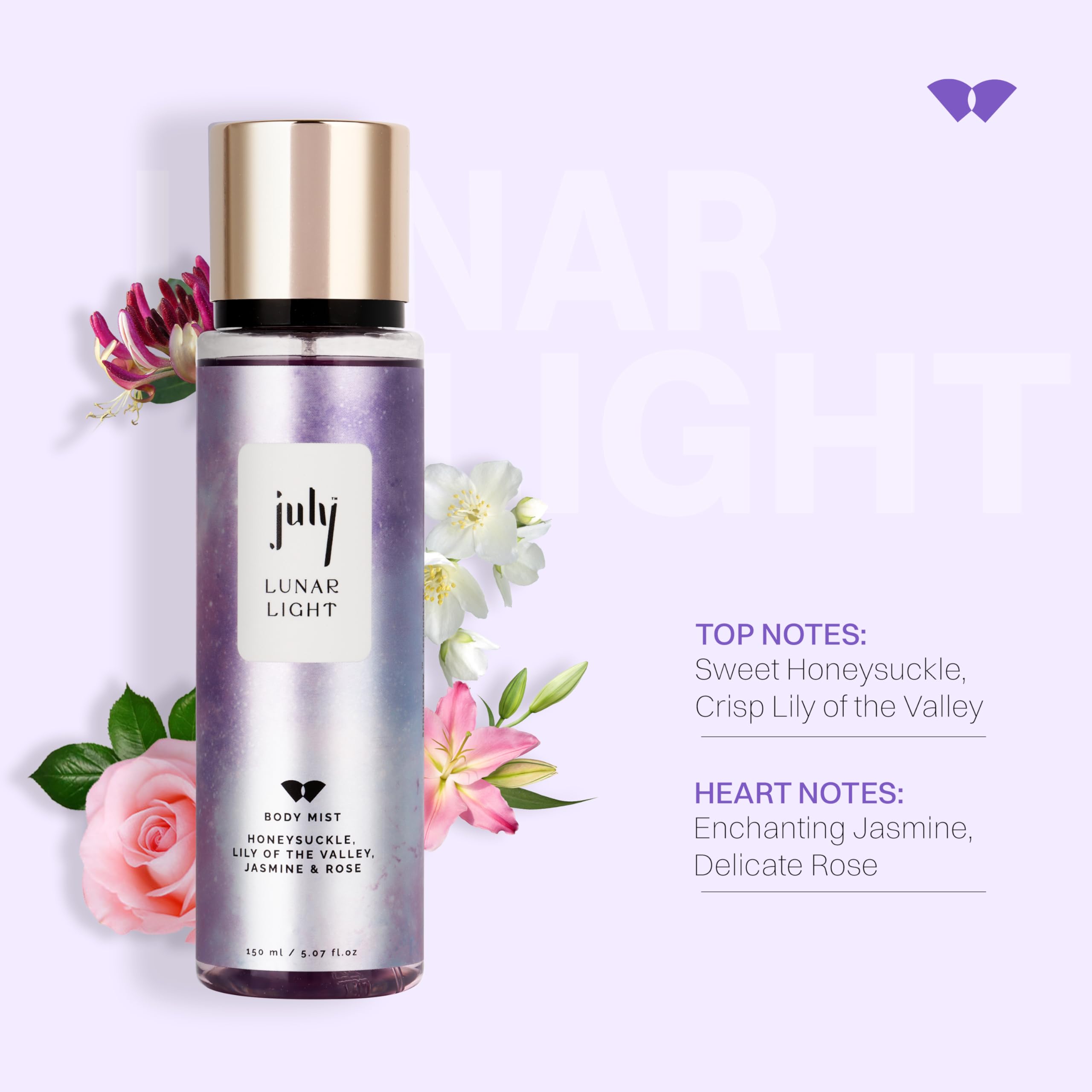 July Lunar Light Body Mist Spray - Sweet & Floral Fragrance with Honeysuckle, Lily of the Valley, Jasmine & Rose | 150ml Long-Lasting Perfume Mist | Natural Ingredients & IFRA Certified | Perfect for Daily Wear, Date Nights & Special Occasions