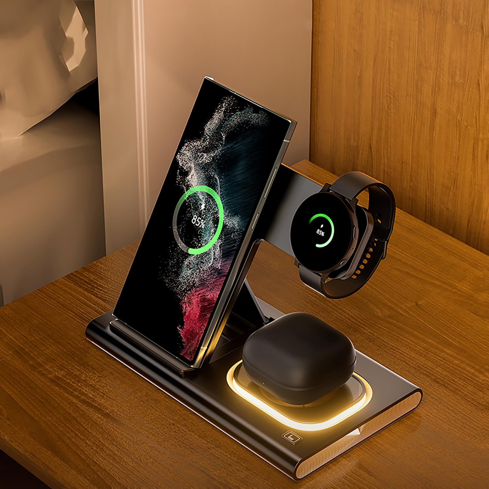 4-in-1 Fast Wireless Charger Stand for Samsung S24/S23/S22/Z Fold5/Z Flip5 - Multi-Device Charging Station with LED Light for Phone, Watch & Earbuds (White) | Perfect for Home, Office & Nightstand Charging